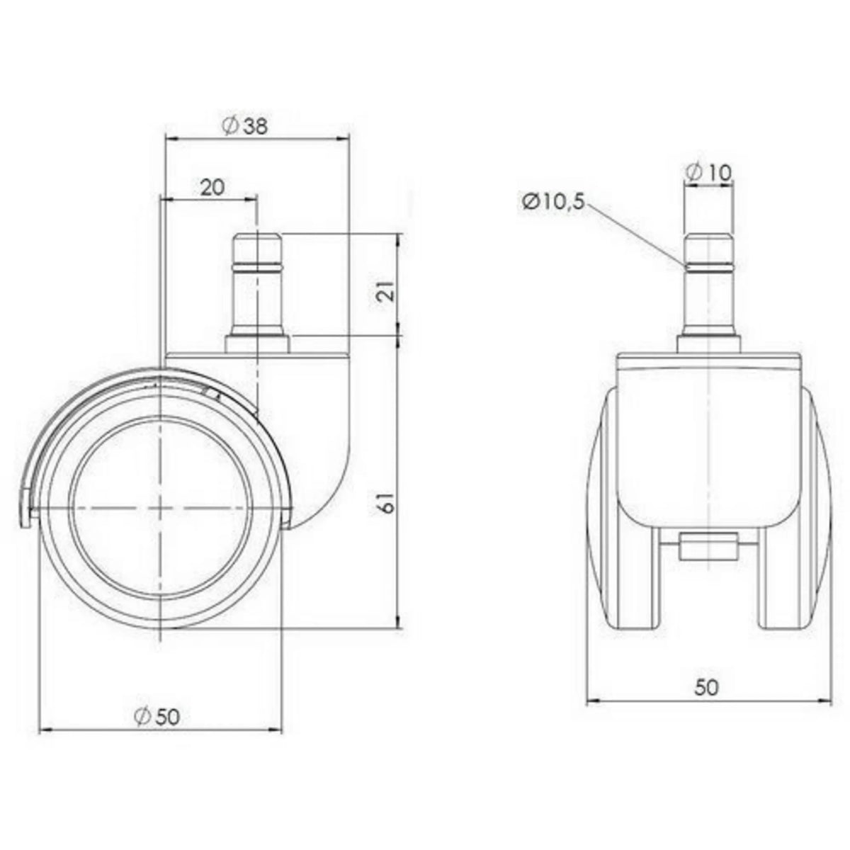 Dibujo técnico de las Ruedas para sillas 5x ROLO 10mm/50mm con un diámetro de 50 mm de hjh OFFICE