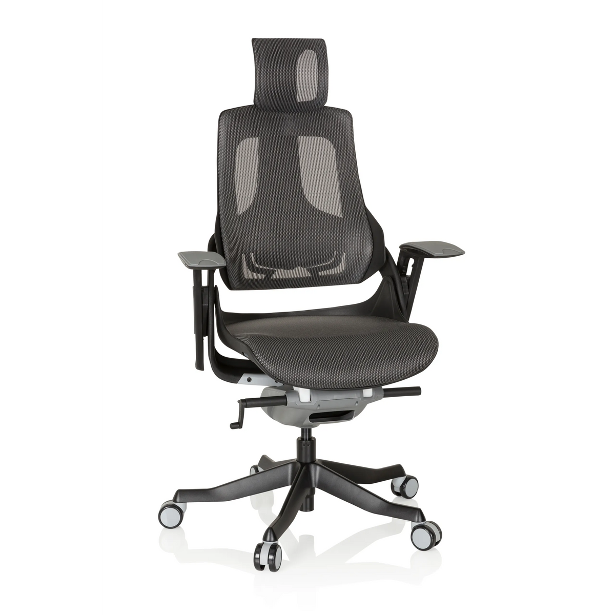 Silla de oficina profesional SPEKTRE BLACK en gris y negro con respaldo de malla y base de cinco ruedas de hjh OFFICE – vista de 360° (vista frontal 20°)