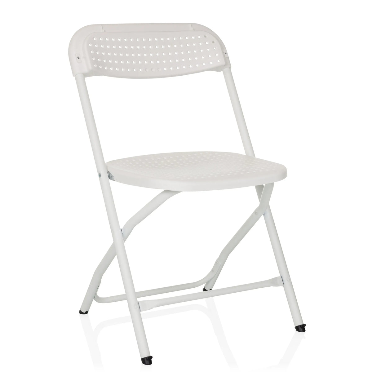 Silla de exterior blanca TUDELA XXL PRO W con asiento y respaldo perforados de hjh OFFICE – vista de 360° (vista frontal en diagonal 30°)