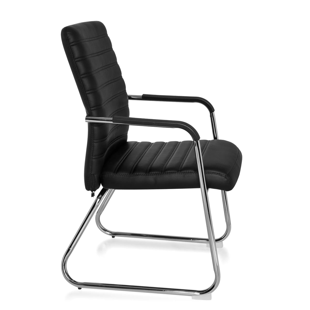 Silla de confidente negra STEEL V con costuras transversales y estructura de patín de hjh OFFICE – vista de 360° (vista lateral 80°)
