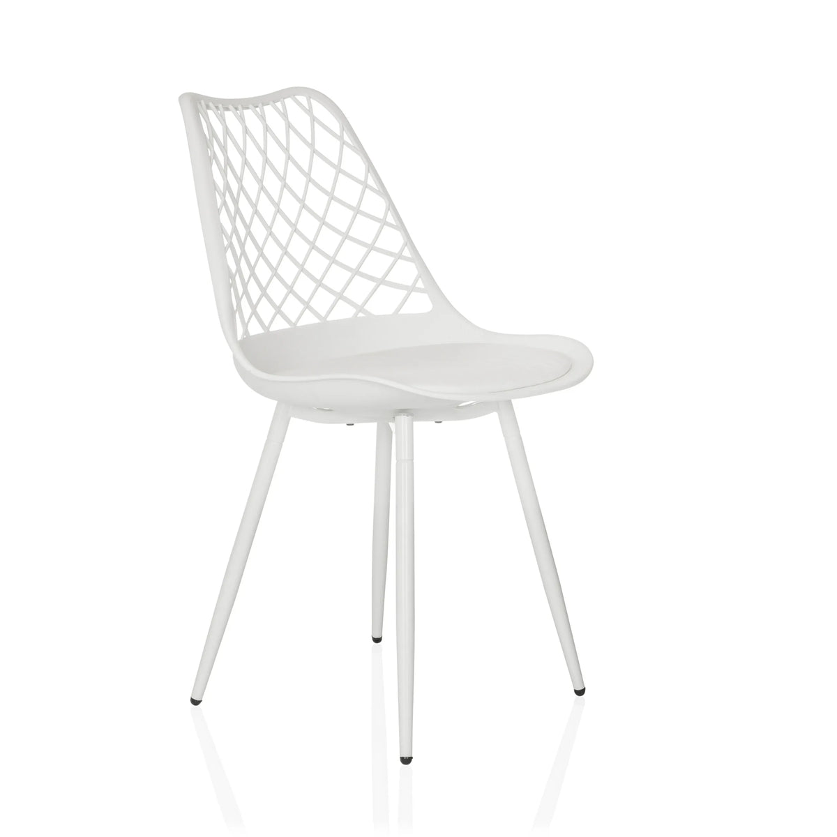 Silla de exterior blanca BEGIO S con respaldo de rejilla y cuatro patas de hjh LIVING – vista de 360° (vista frontal en diagonal 45°)