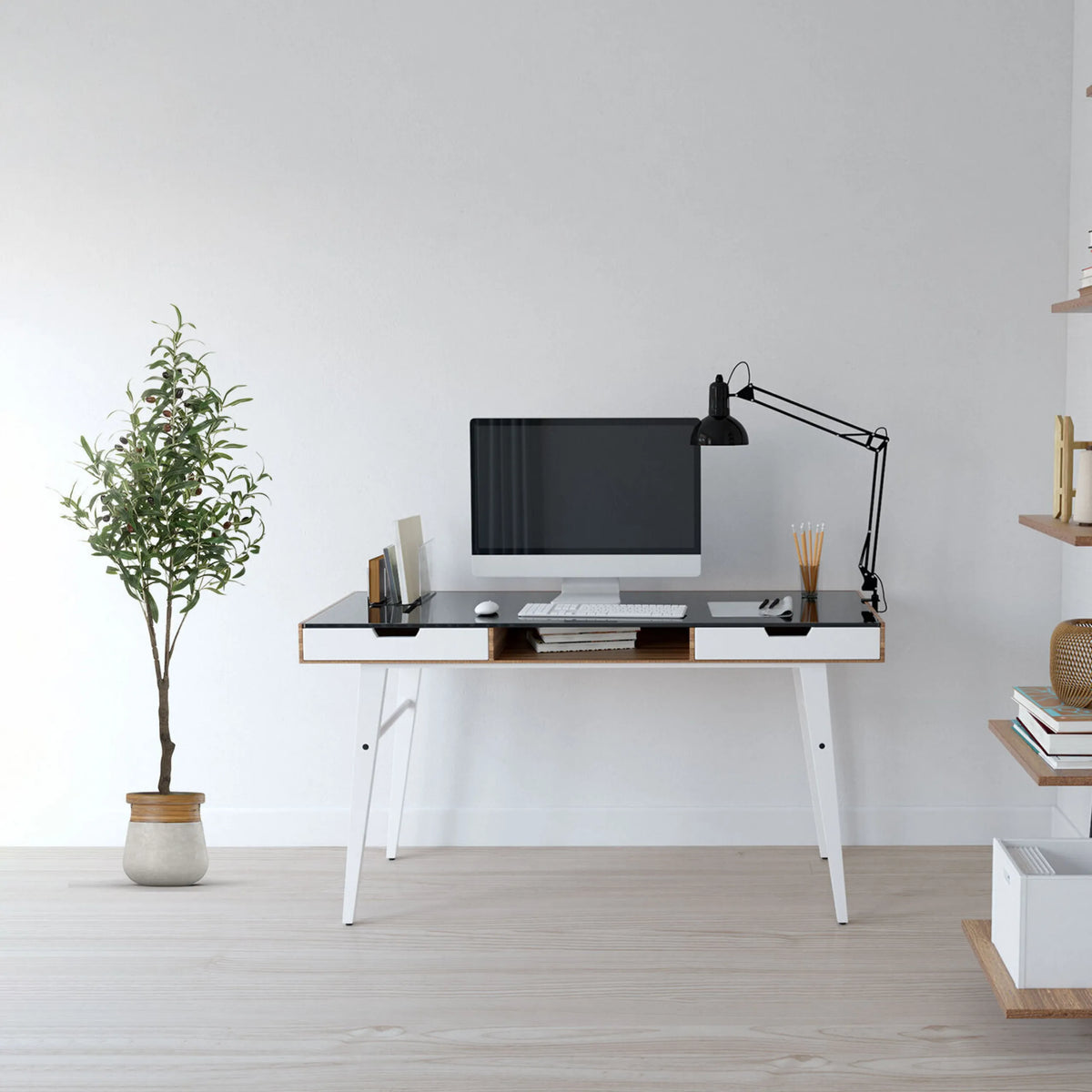 Planta artificial OLIVE en color verde con una maceta blanca de hjh OFFICE
