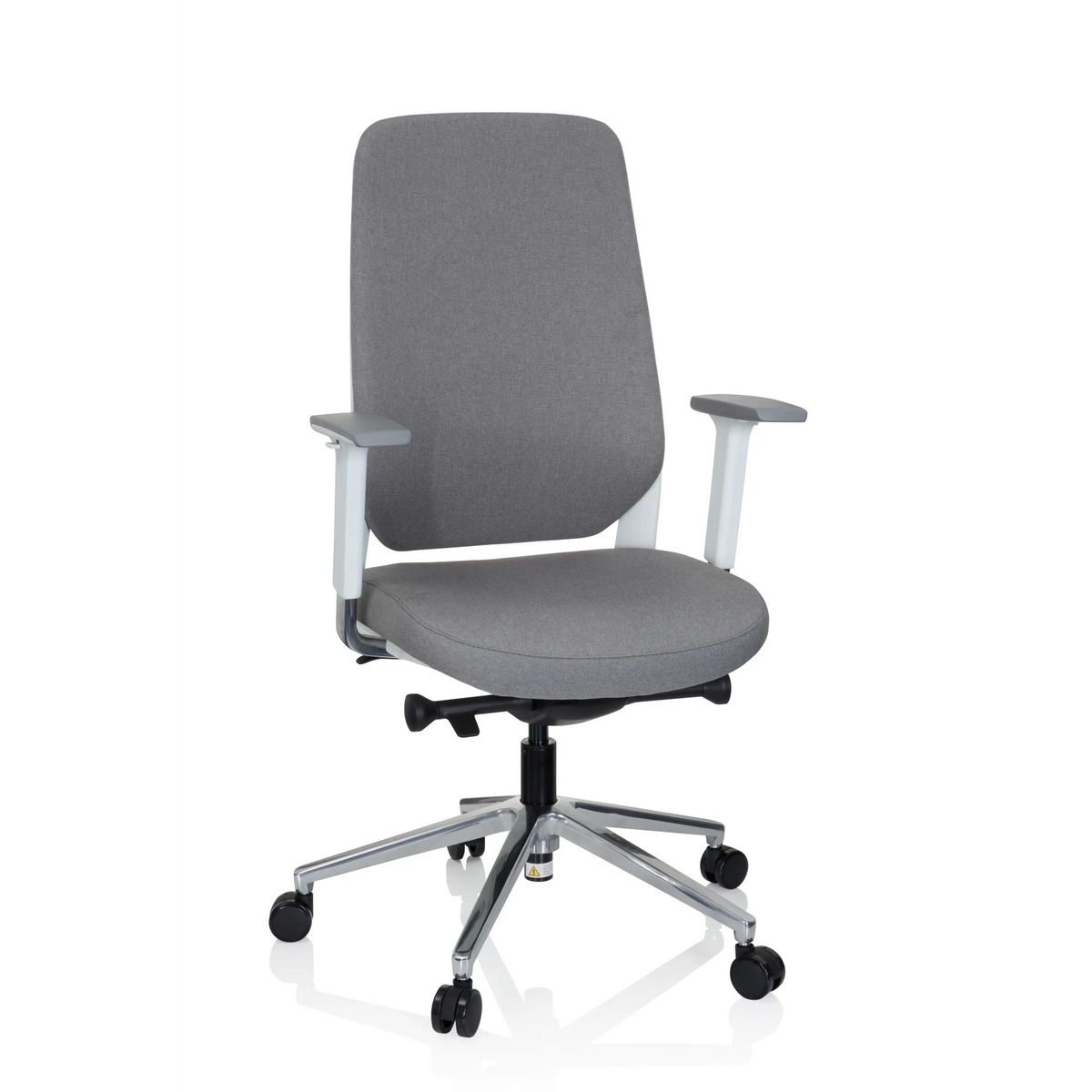 Silla de oficina profesional CHIARO T4 WHITE gris con reposabrazos y una base de cinco ruedas de hjh OFFICE – vista de 360° (vista frontal 20°)