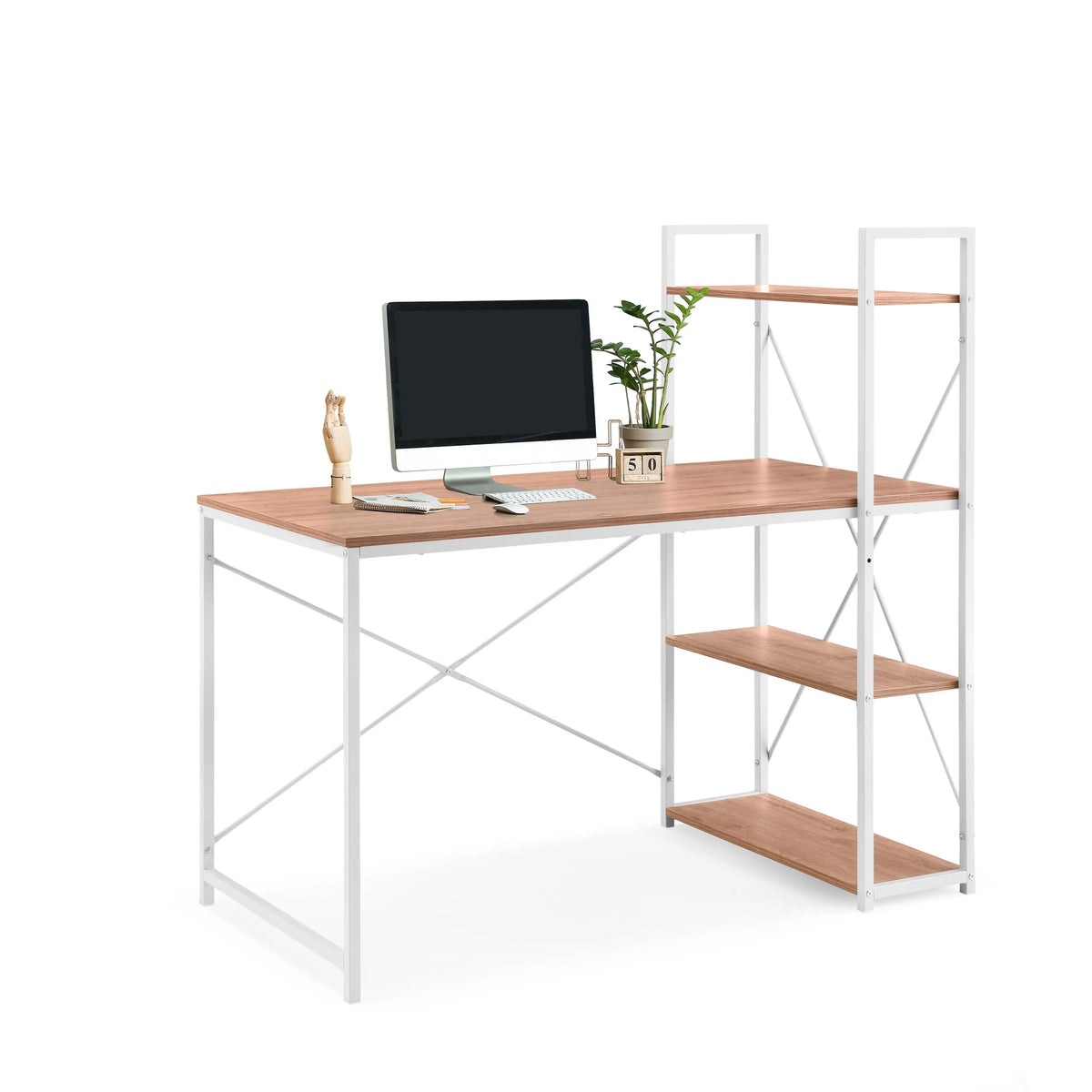 Escritorio Easy Up3 en blanco y roble con estantería integrada y tres superficies de almacenamiento de hjh LIVING