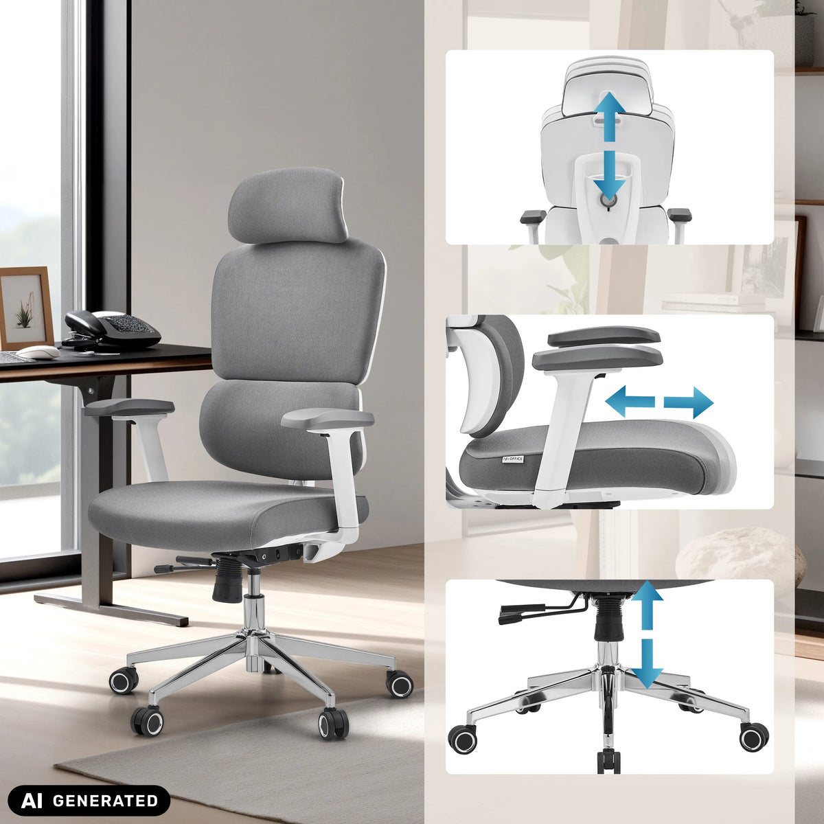 Reposacabezas ajustable en altura, reposabrazos y pistón de gas de la silla de oficina profesional Ergomy WF 2 de hjh OFFICE (imagen generada por IA)