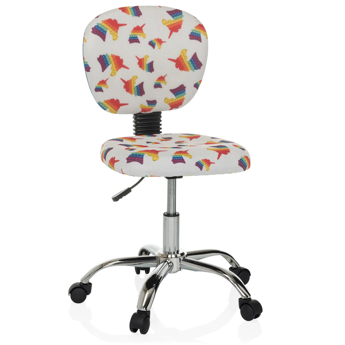Silla giratoria para niños KID BUBBLE con motivo de arcoíris colorido y base de cinco ruedas de hjh OFFICE – vista de 360° (vista frontal 15°)