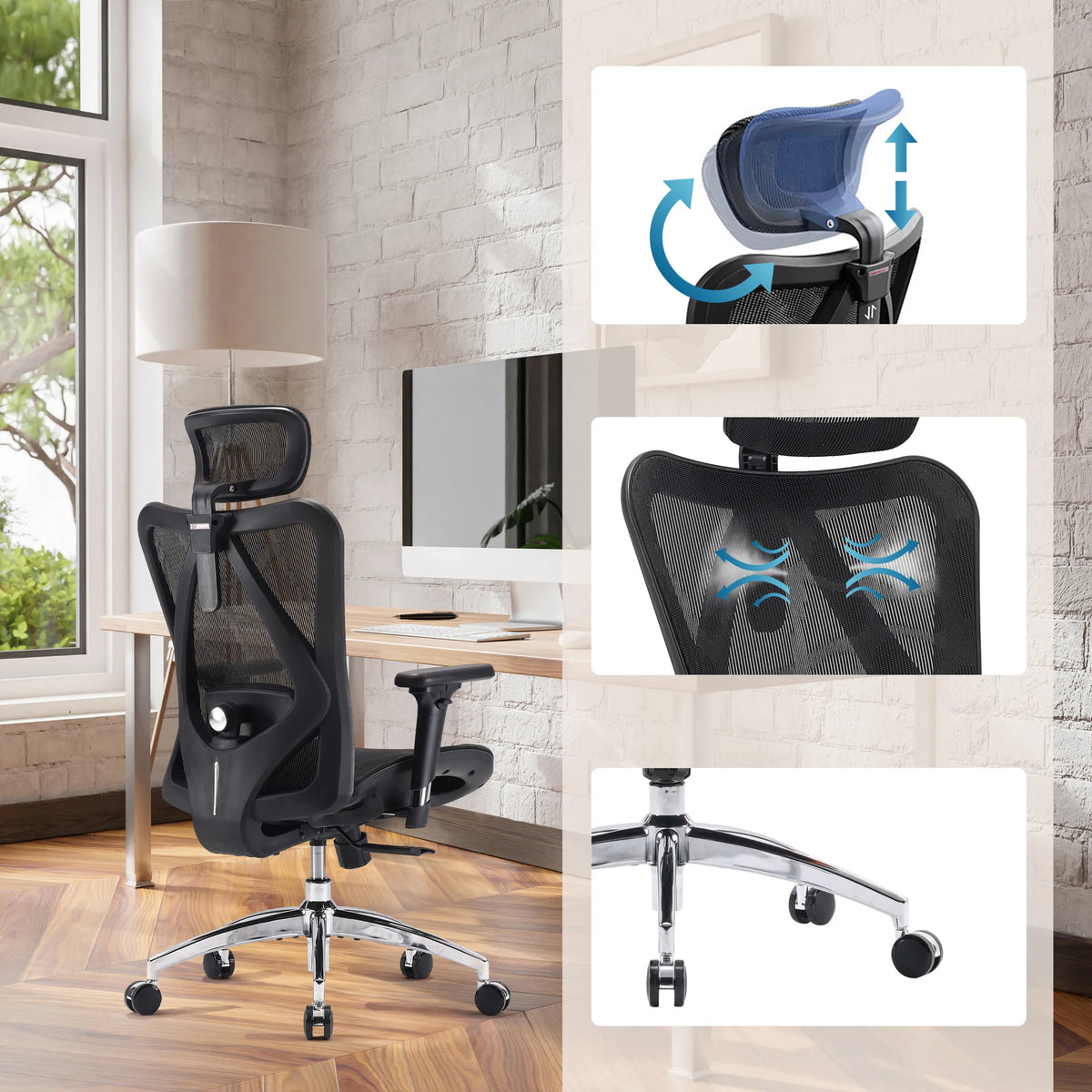 Silla de oficina profesional M57-M015 en color negro con reposacabezas ajustable, respaldo de malla y base de estrella de Sihoo