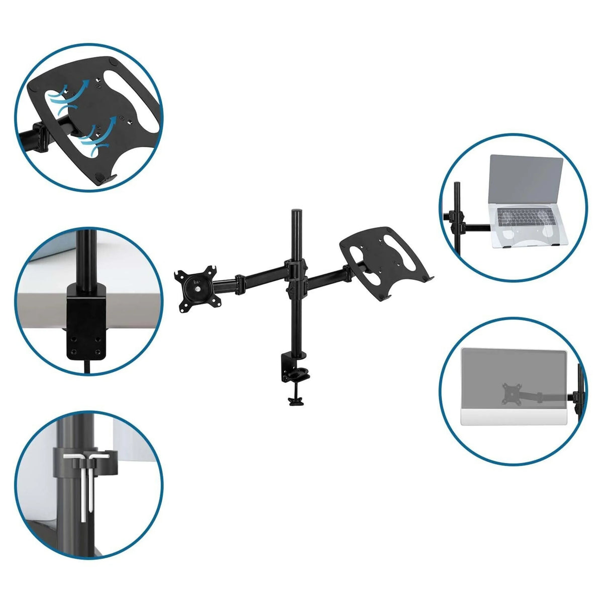 Soporte de monitor negro VM-MH2 con soporte para portátil y fijación a mesa de hjh OFFICE