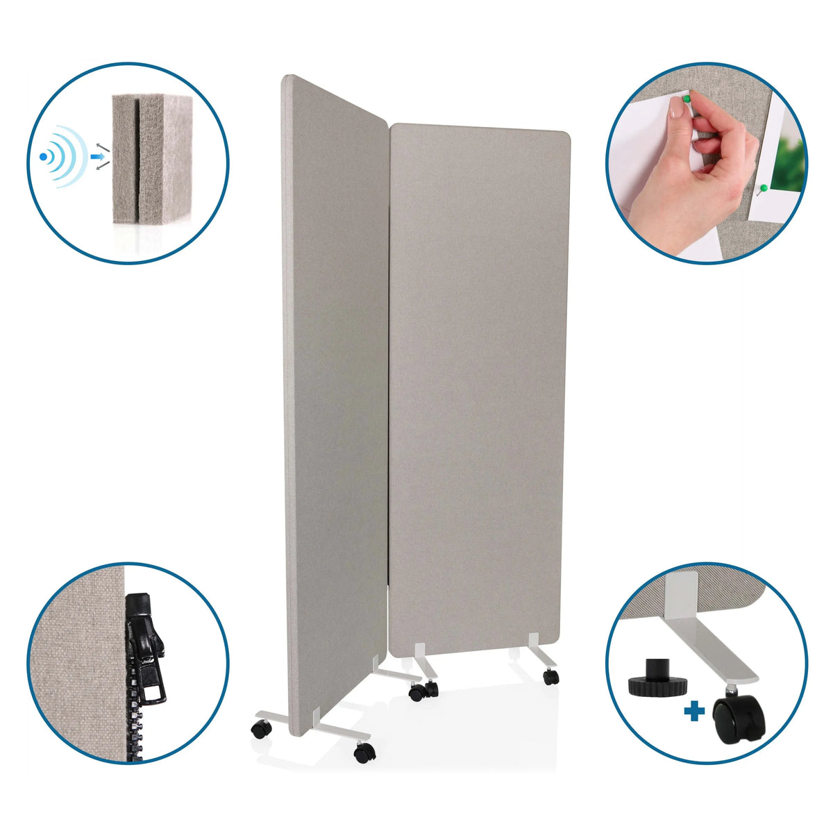 Separadores FLEXMIUT 1 grises con ruedas, función de tablero de anuncios y material fonoabsorbente de hjh OFFICE