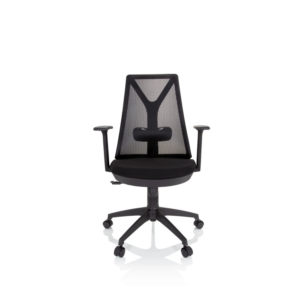 Silla Home Office FALUN BASIC negra con respaldo de malla y base de cinco ruedas de hjh OFFICE – vista de 360° (vista frontal 0°)
