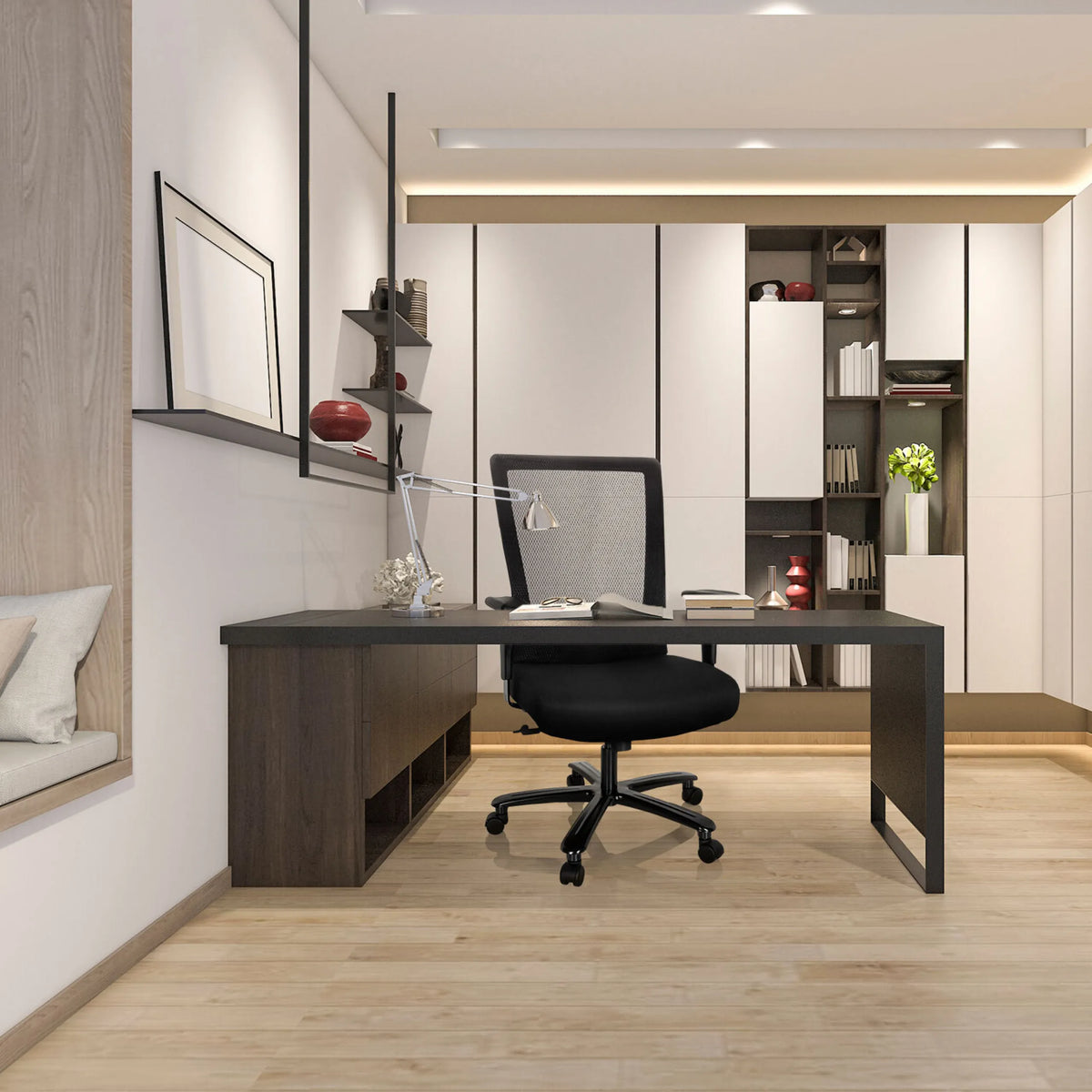 Silla giratoria XXL EXTENDER en negro con respaldo de malla y ruedas de hjh OFFICE