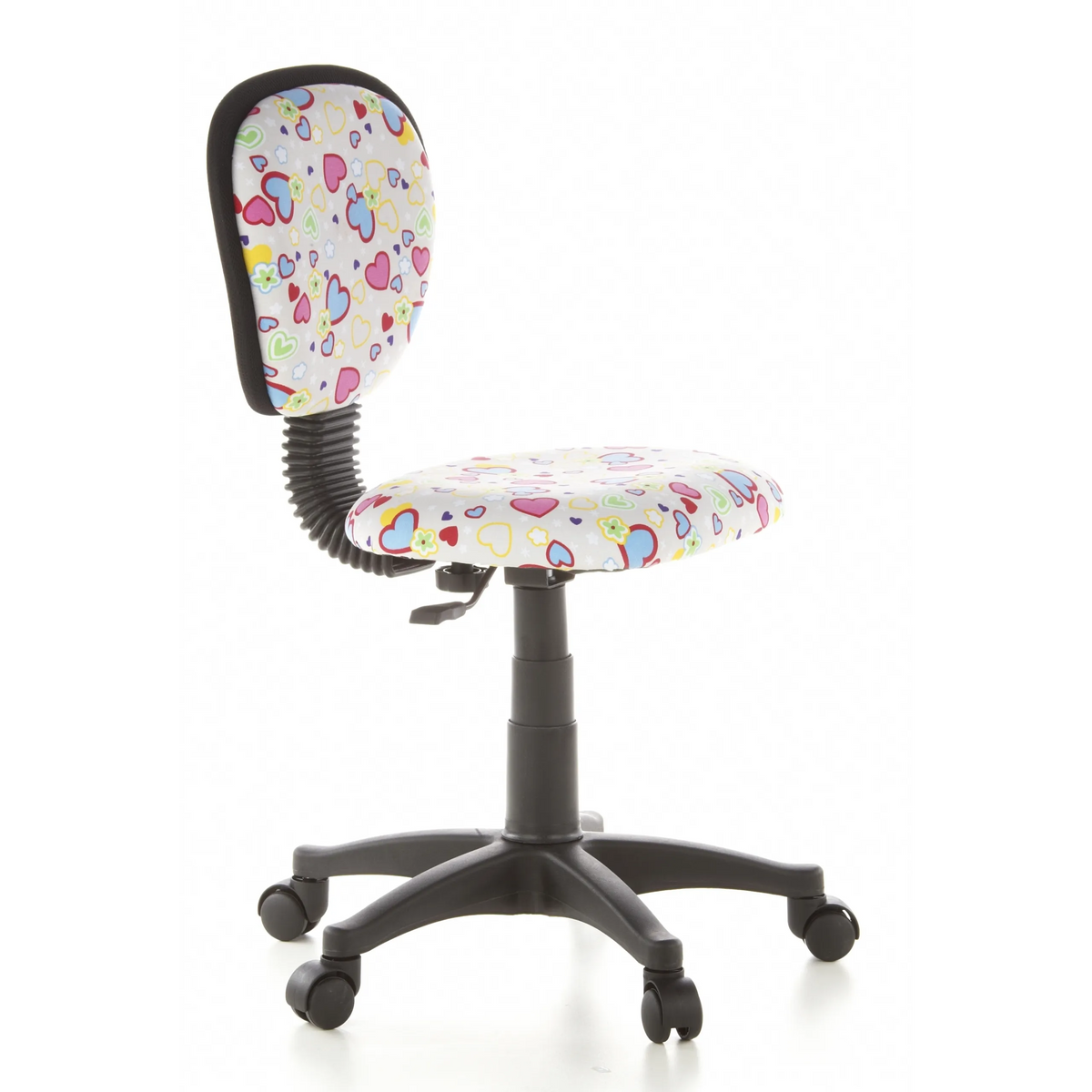 Silla giratoria para niños KIDDY TOP con estampado colorido de corazones y flores y base de cinco ruedas de hjh OFFICE – vista de 360° (vista frontal en diagonal 60°)