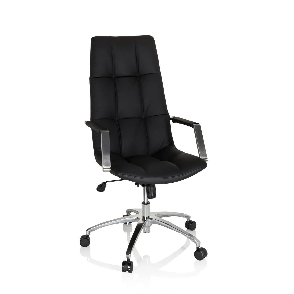 Sillón de oficina Home Office SARANTO PRO de cuero negro con base brillante de cinco ruedas de hjh OFFICE – vista de 360° (vista frontal 19°)
