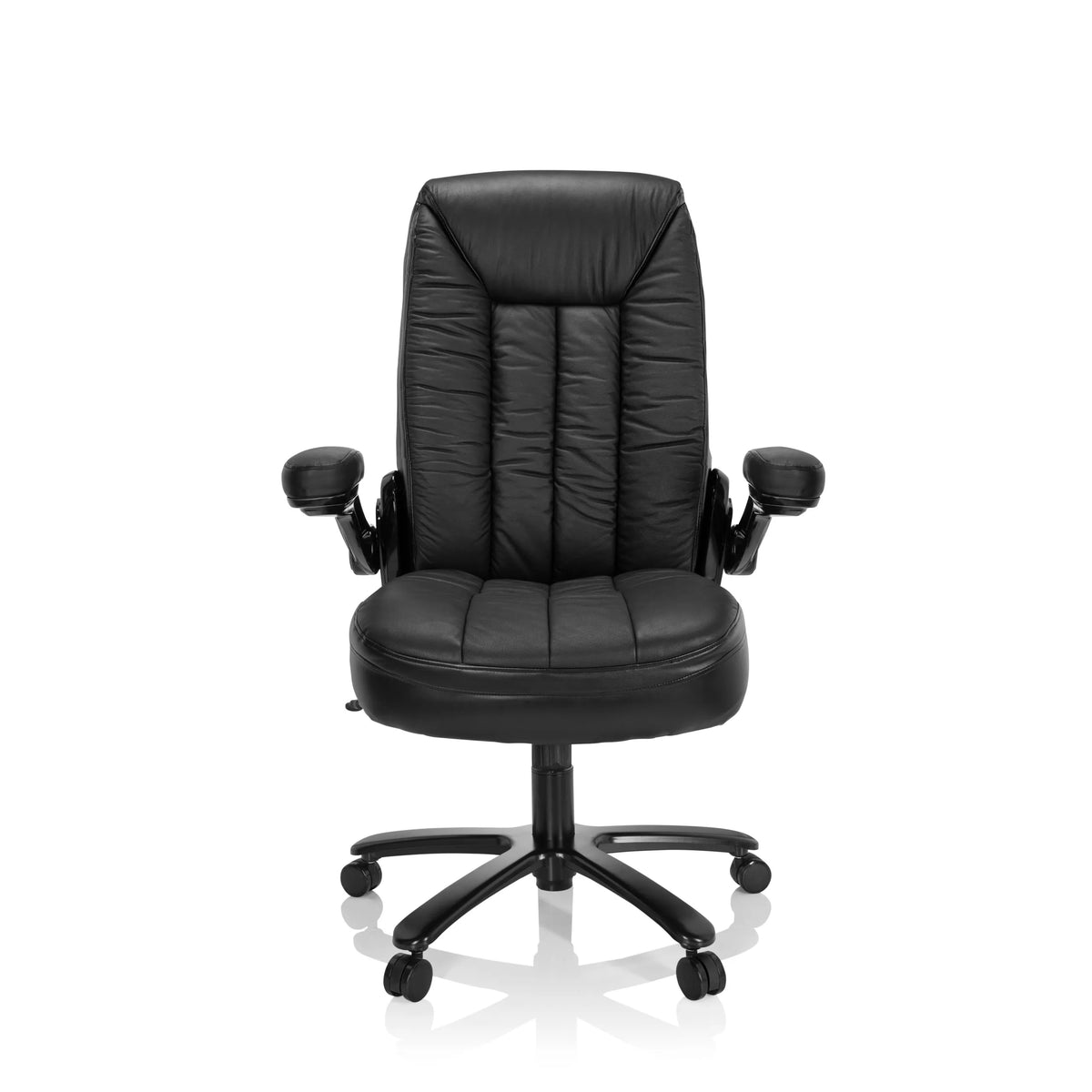 Silla giratoria XXL INSTRUCTOR III negra de cuero con base de estrella y cinco ruedas de hjh OFFICE – vista de 360° (vista frontal 0°)