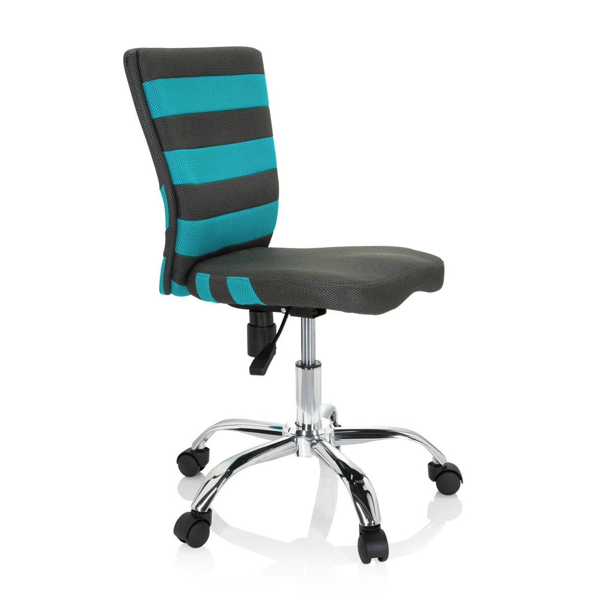 Silla giratoria para niños KIDDY COMFORT I gris con rayas turquesas en el respaldo de malla y base de cinco ruedas de hjh OFFICE – vista de 360° (vista frontal en diagonal 60°)