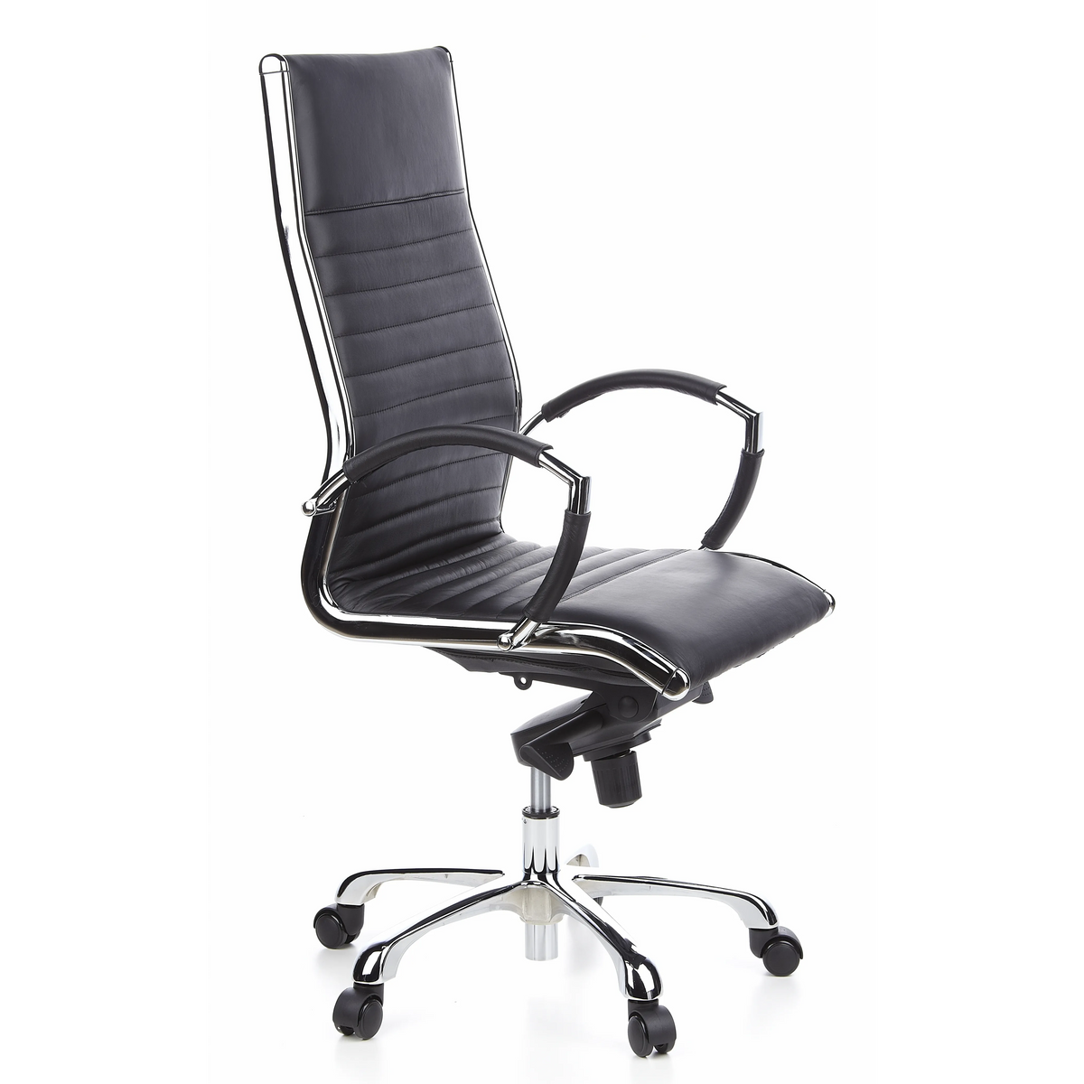 Sillón de oficina profesional PARMA 20 negro con tapicería de cuero acolchado y base de cinco ruedas de hjh OFFICE – vista de 360° (vista frontal en diagonal 60°)