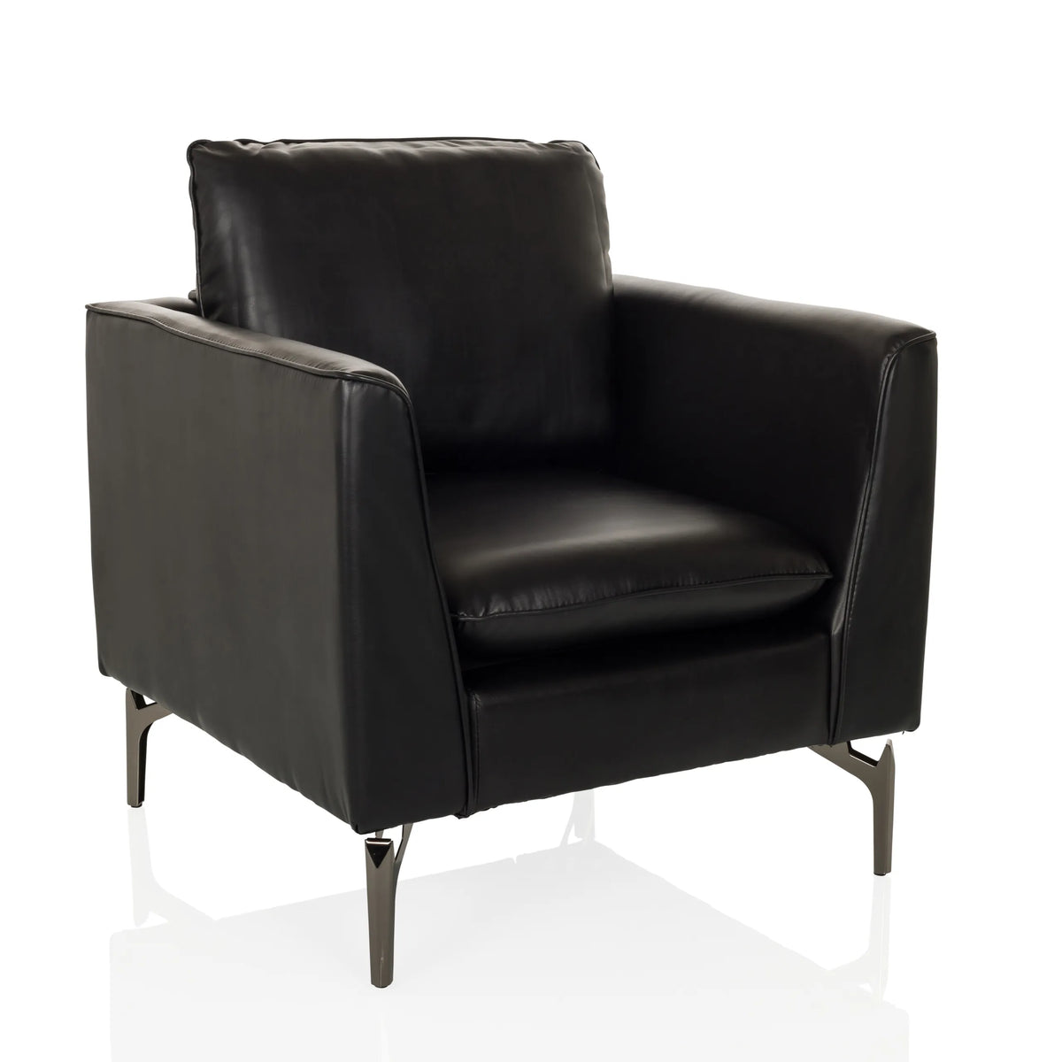 Sillón de diseño BAVERO negro con tapicería de cuero sintético y patas de metal de hjh OFFICE – vista de 360° (vista frontal en diagonal 30°)