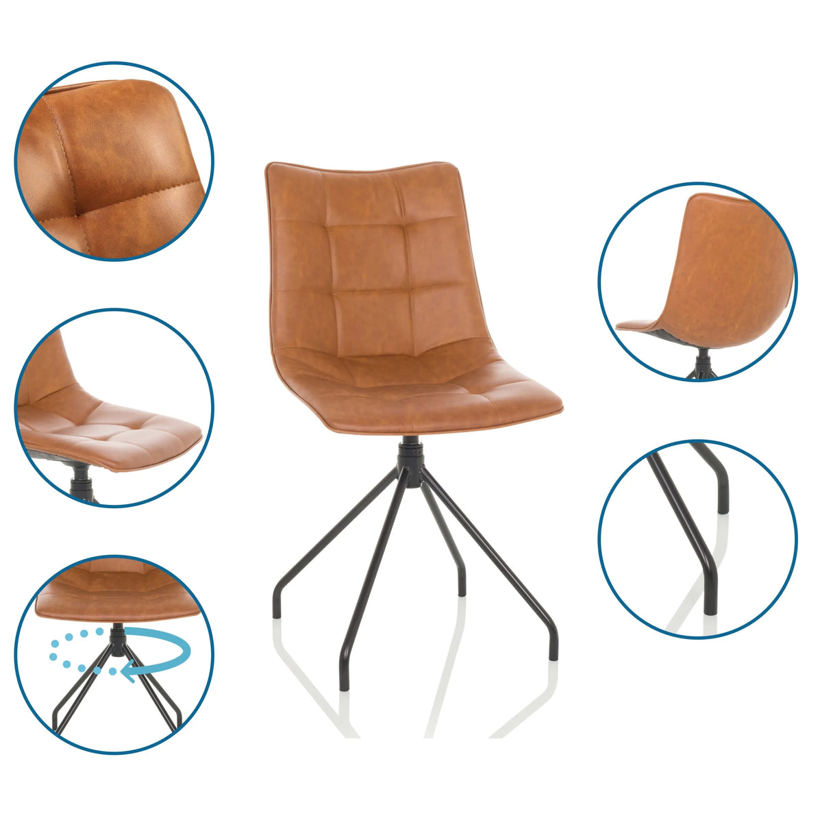 Silla tapizada TARVISO PU marrón acolchada con estructura de cuatro patas y vistas detalladas de hjh OFFICE