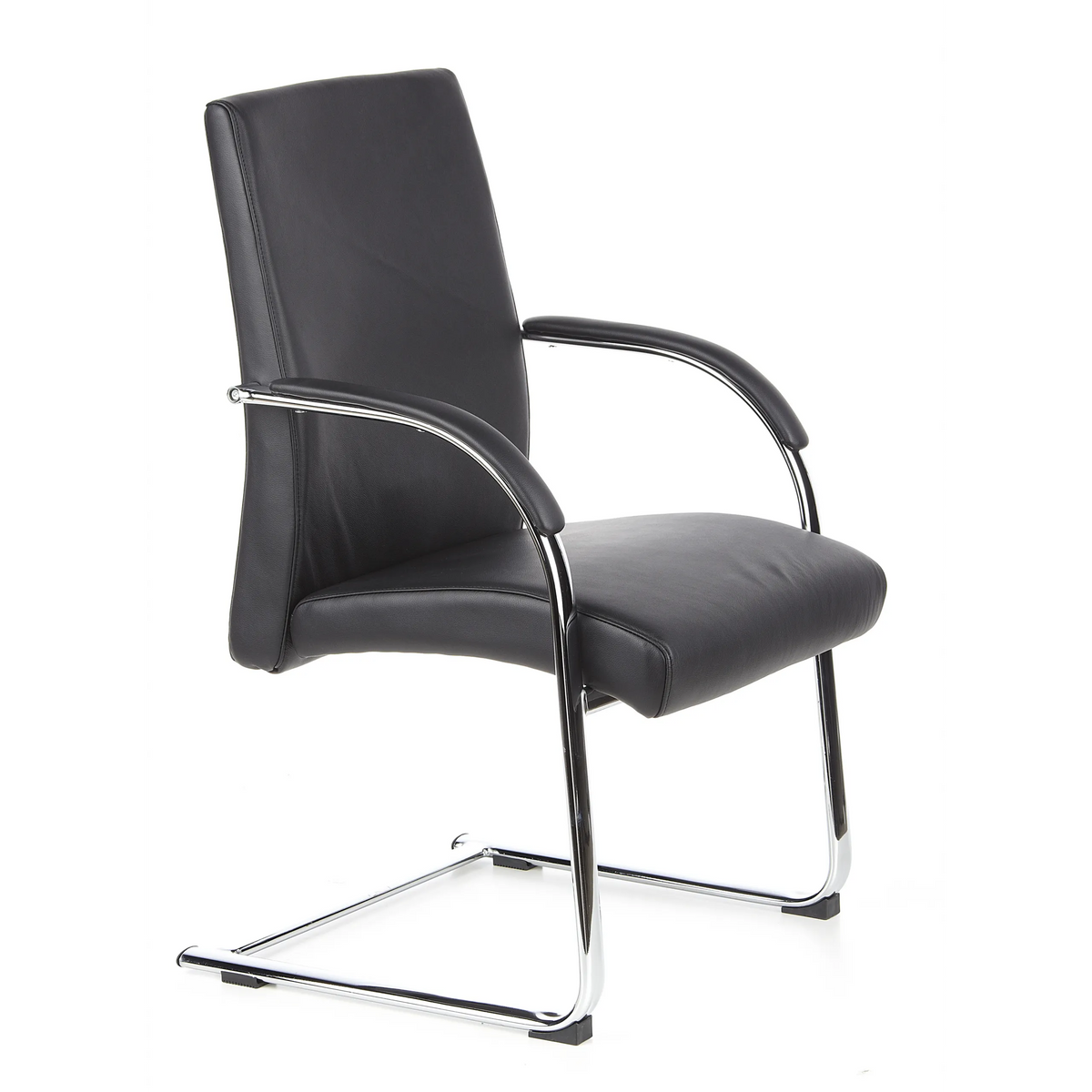 Silla de viga voladiza BAROLO V negra con reposabrazos y estructura de patín cromada de hjh OFFICE – vista de 360° (vista frontal en diagonal 60°)
