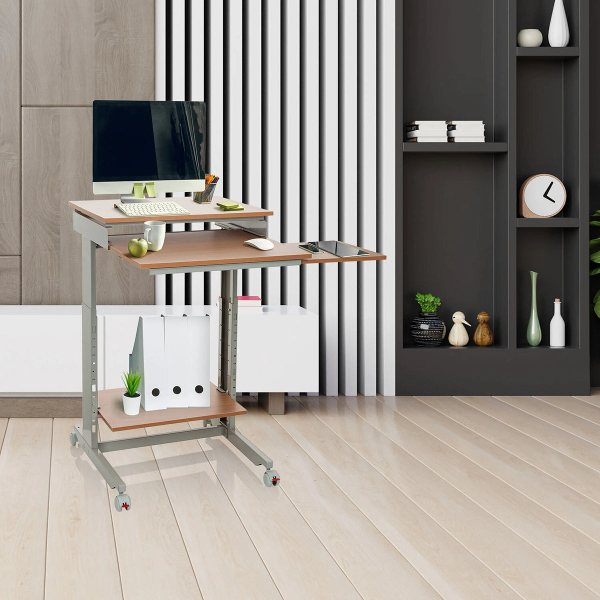 Escritorio de pie WORKSTATION en haya y gris con tres niveles y ruedas de hjh OFFICE