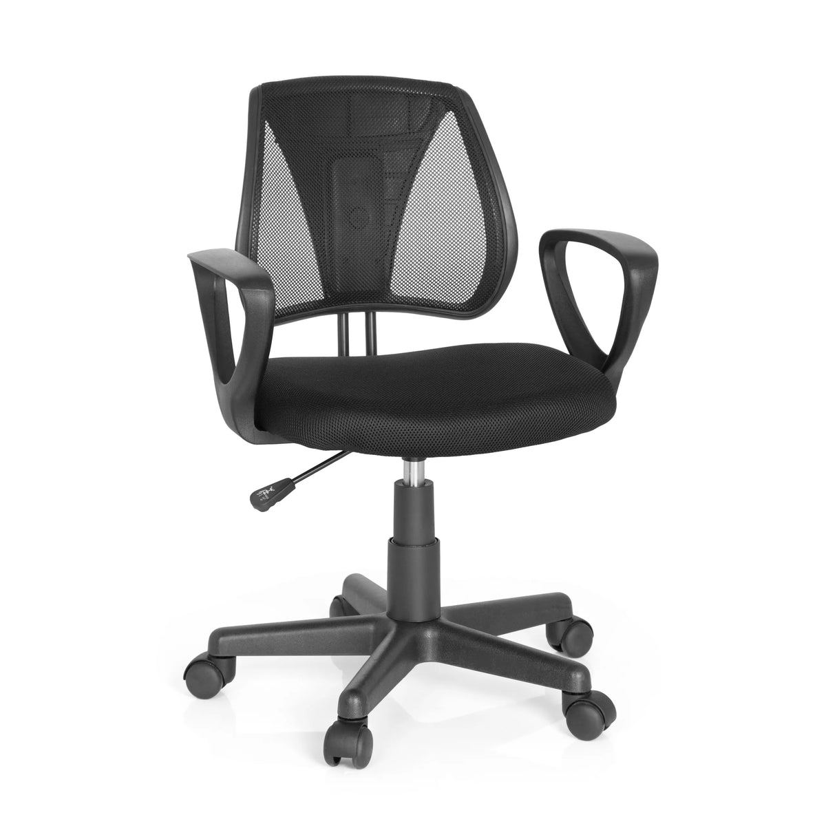 Silla giratoria para niños KIDDY CD en color negro con respaldo de malla y base de cinco ruedas de hjh OFFICE – vista de 360° (vista frontal 20°)