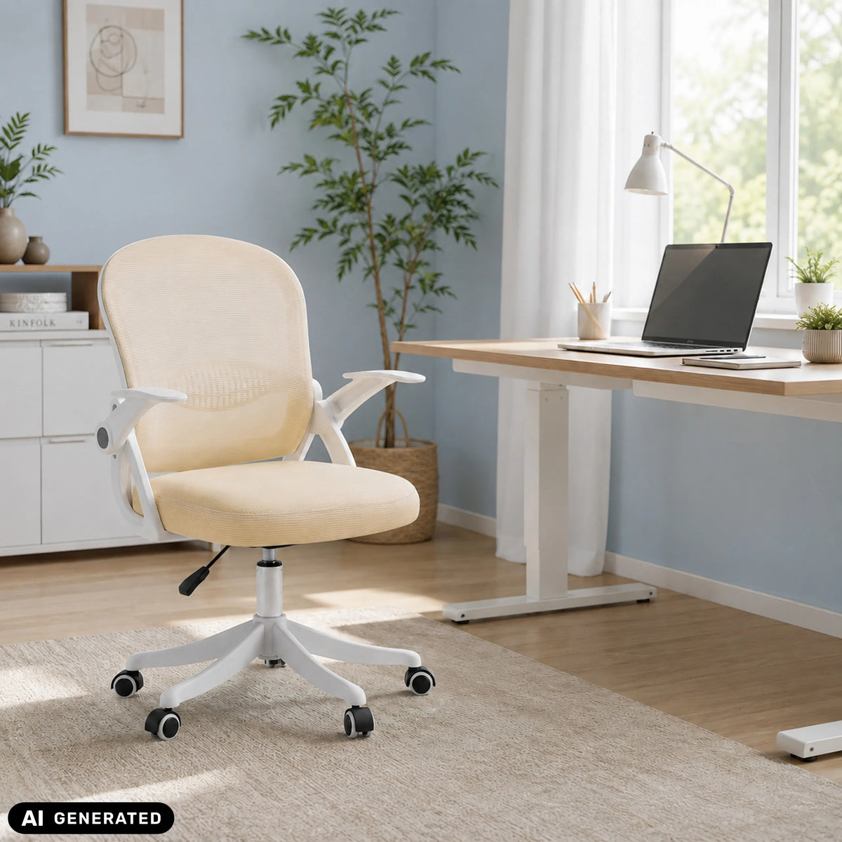 Silla Home Office Naluro beige con reposabrazos y base blancos en una habitación luminosa de hjh OFFICE (imagen generada por IA)