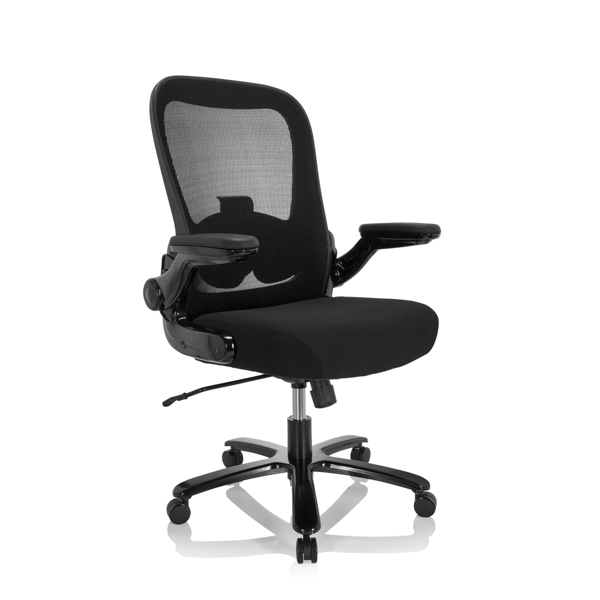Silla giratoria XXL INSTRUCTOR SW I negra con respaldo de malla, reposabrazos y base de cinco ruedas de hjh OFFICE – vista de 360° (vista frontal en diagonal 40°)