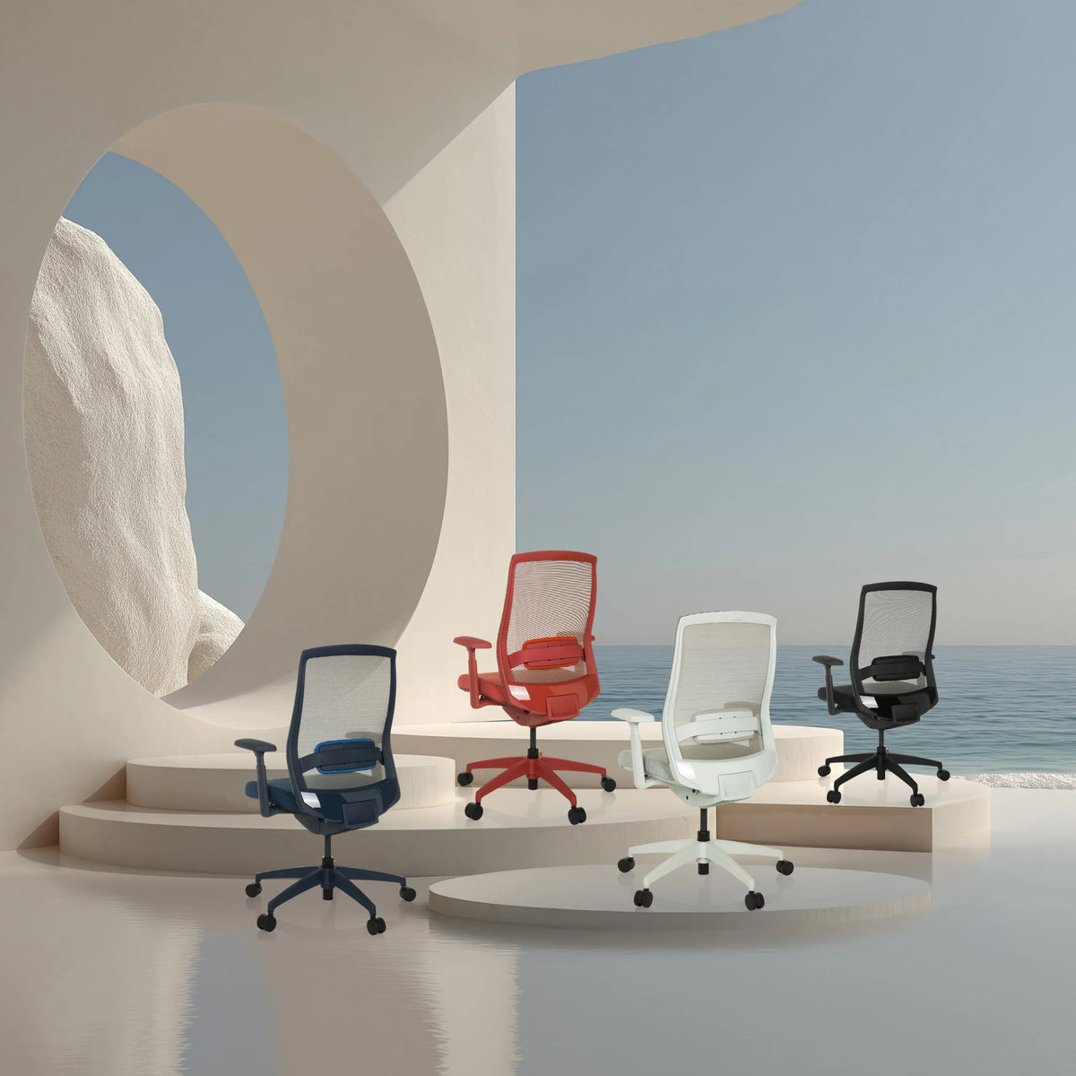 Cuatro sillas de oficina profesional COLORE en diferentes colores con respaldos de malla de hjh OFFICE