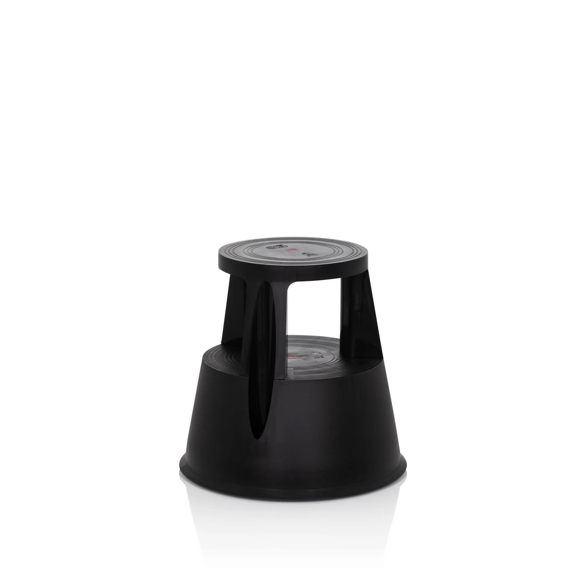 Taburete bajo TIO-M I negro con superficie redonda y base cónica de hjh OFFICE – vista de 360° (vista frontal en diagonal 40°)