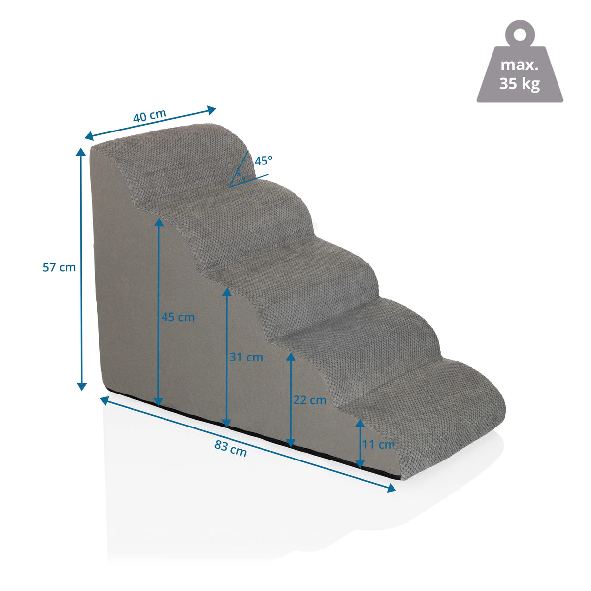 Dibujo dimensional de la Escalera para mascotas PAWY STEP 5 de 83 x 57 cm y capacidad de carga de 35 kg de hjh LIVING