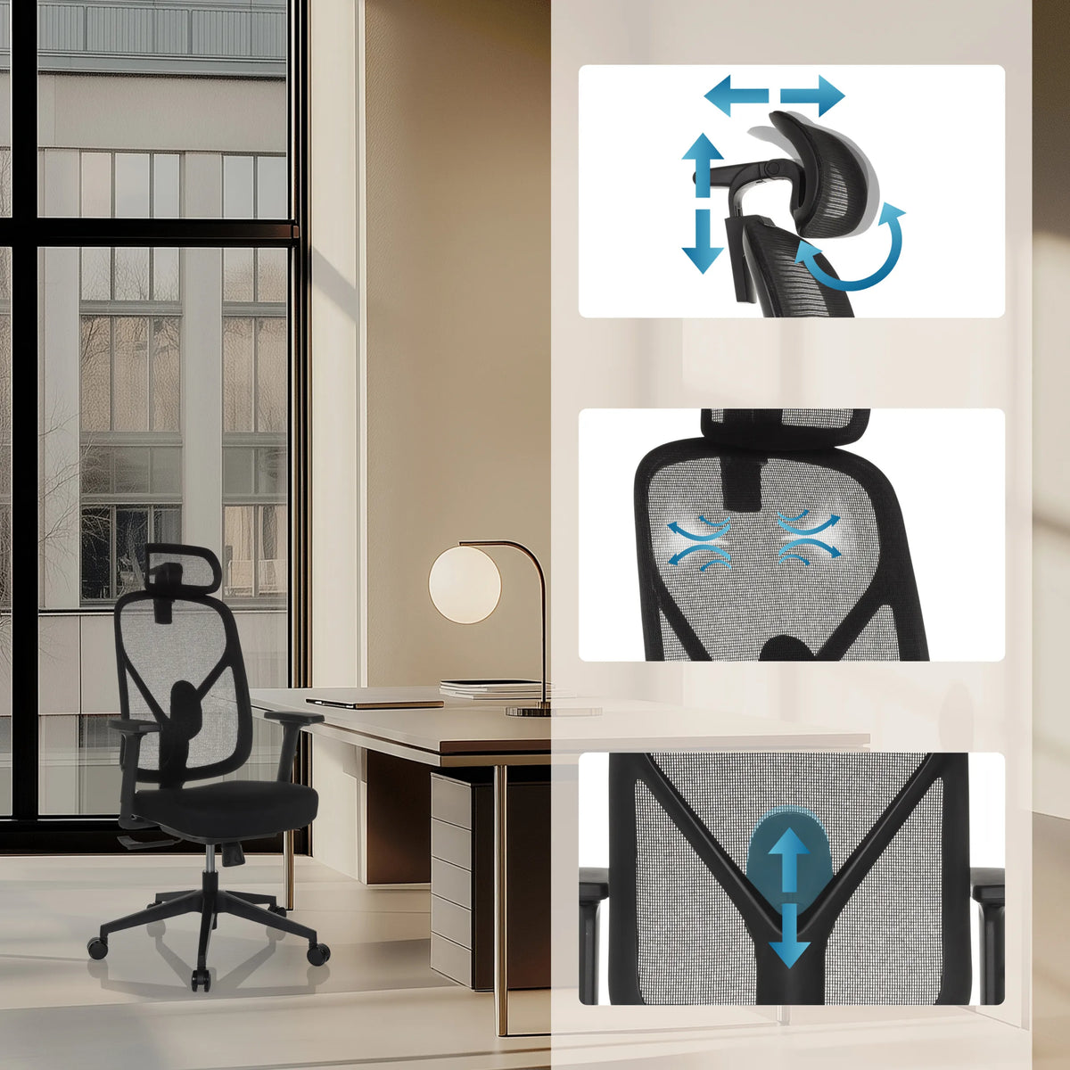 Reposacabezas y soporte lumbar ajustables de la silla de oficina profesional RALOO ECO en negro de hjh OFFICE