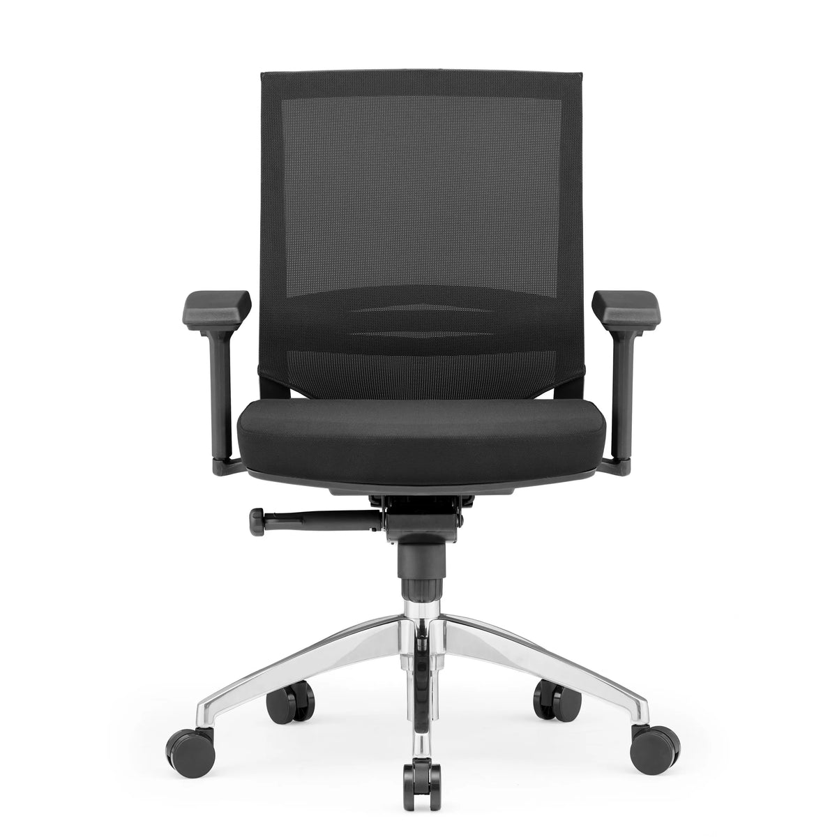 Silla de oficina profesional PORTO PRO negra con respaldo de malla y base de cinco ruedas de hjh OFFICE – vista de 360° (vista frontal 0°)