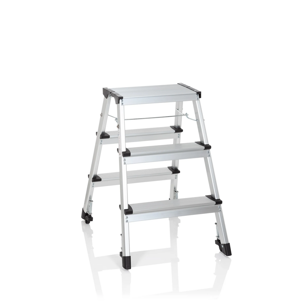 Escalera plegable SOLID IV plateada de aluminio con tres peldaños de hjh OFFICE – vista de 360° (vista frontal 20°)