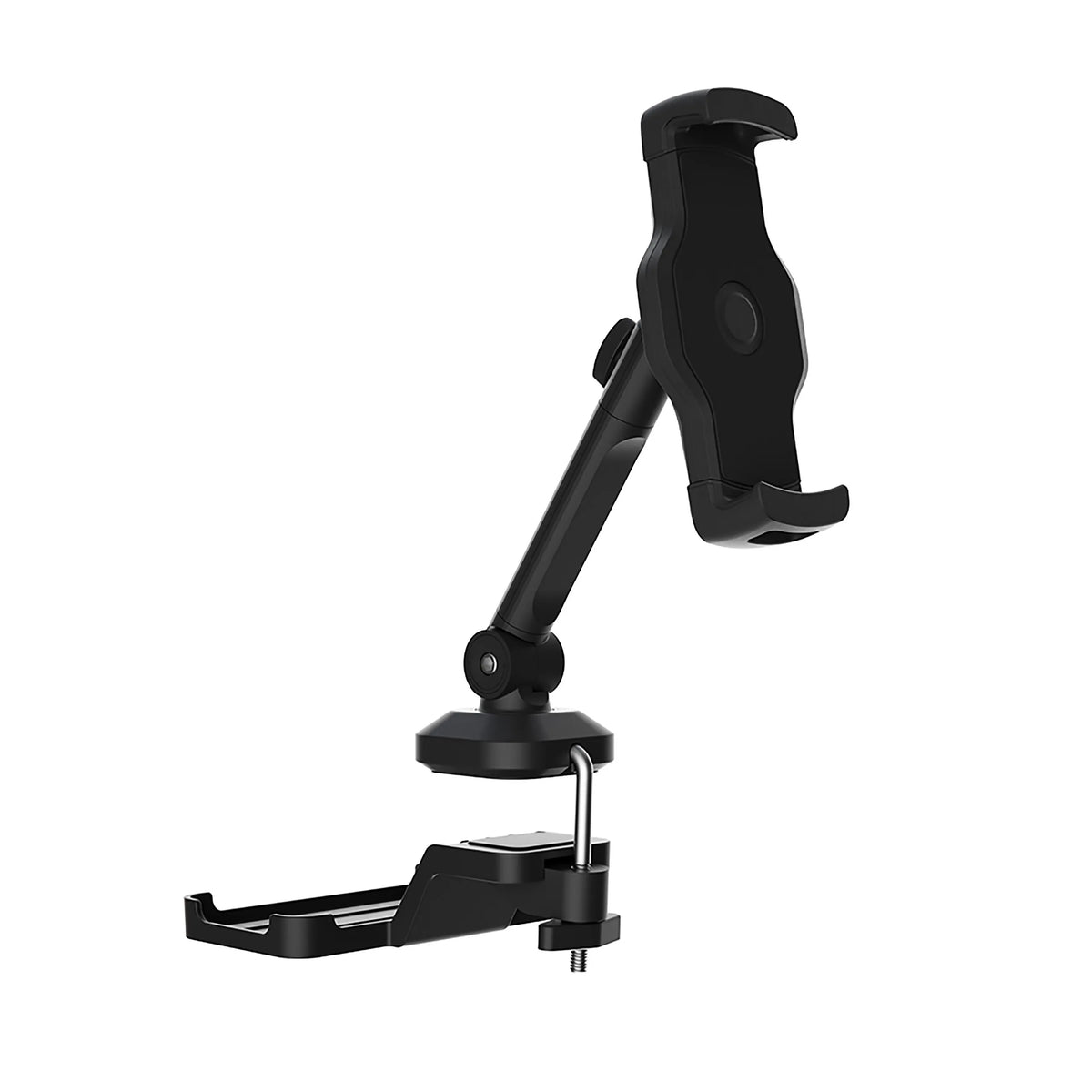Soporte para teléfono móvil y tableta FLEXMOBI III en color negro con brazo articulado ajustable y abrazadera de mesa de hjh OFFICE