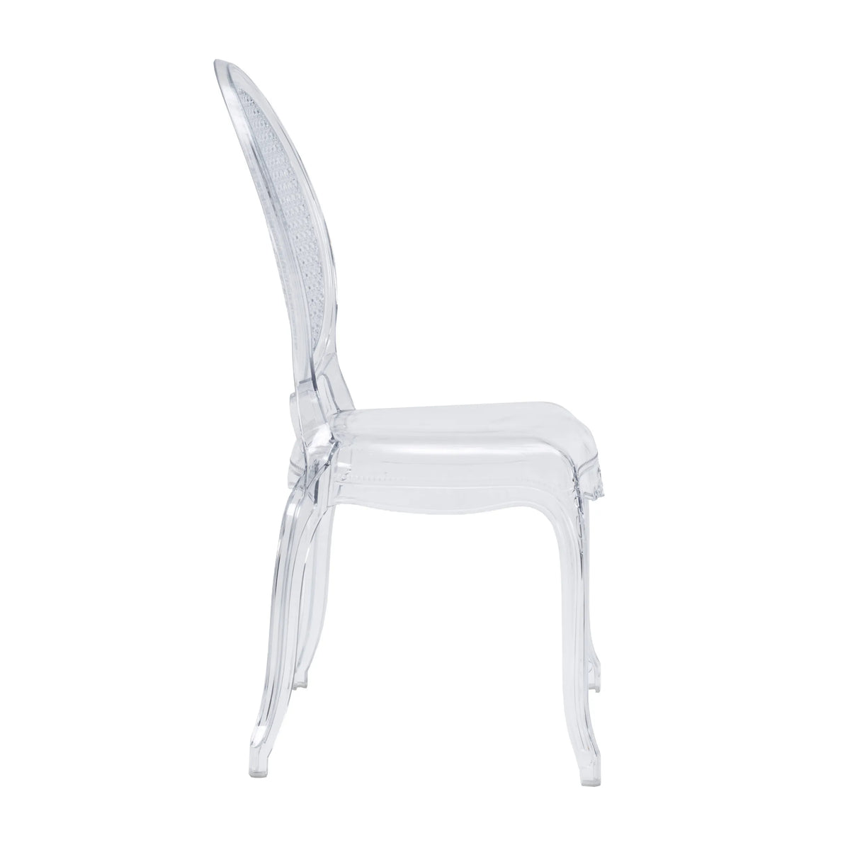 Vista de perfil de la silla de cuatro patas transparente CRISTALIO de hjh LIVING