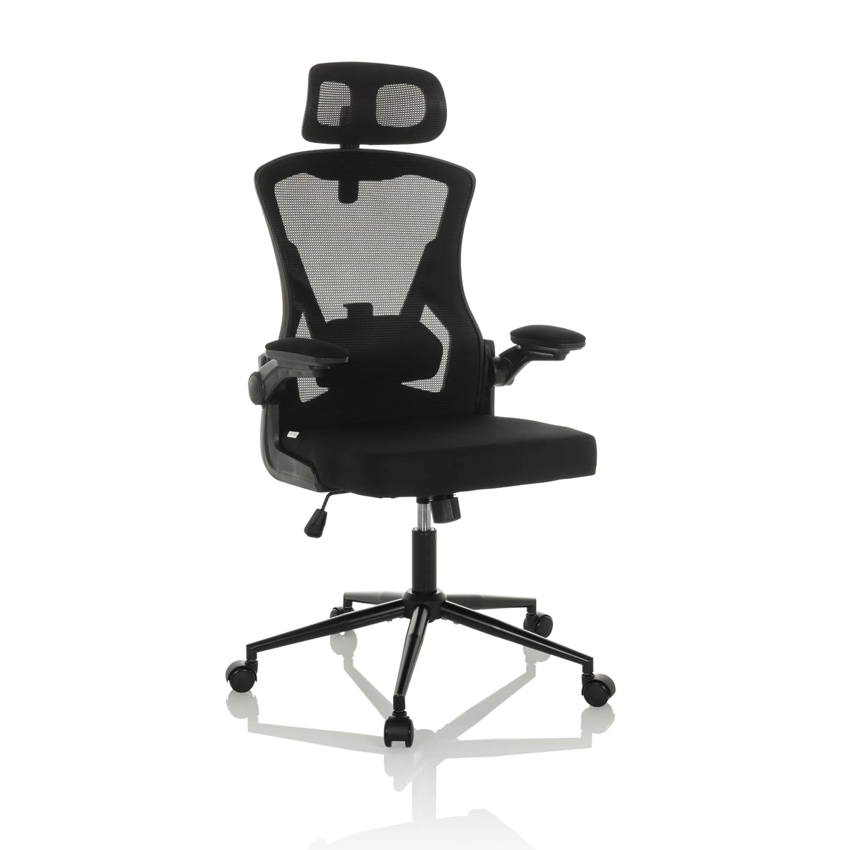 Silla de oficina profesional ARIGANO negra con respaldo de malla, reposacabezas y base de cinco ruedas de hjh OFFICE – vista de 360° (vista frontal en diagonal 30°)