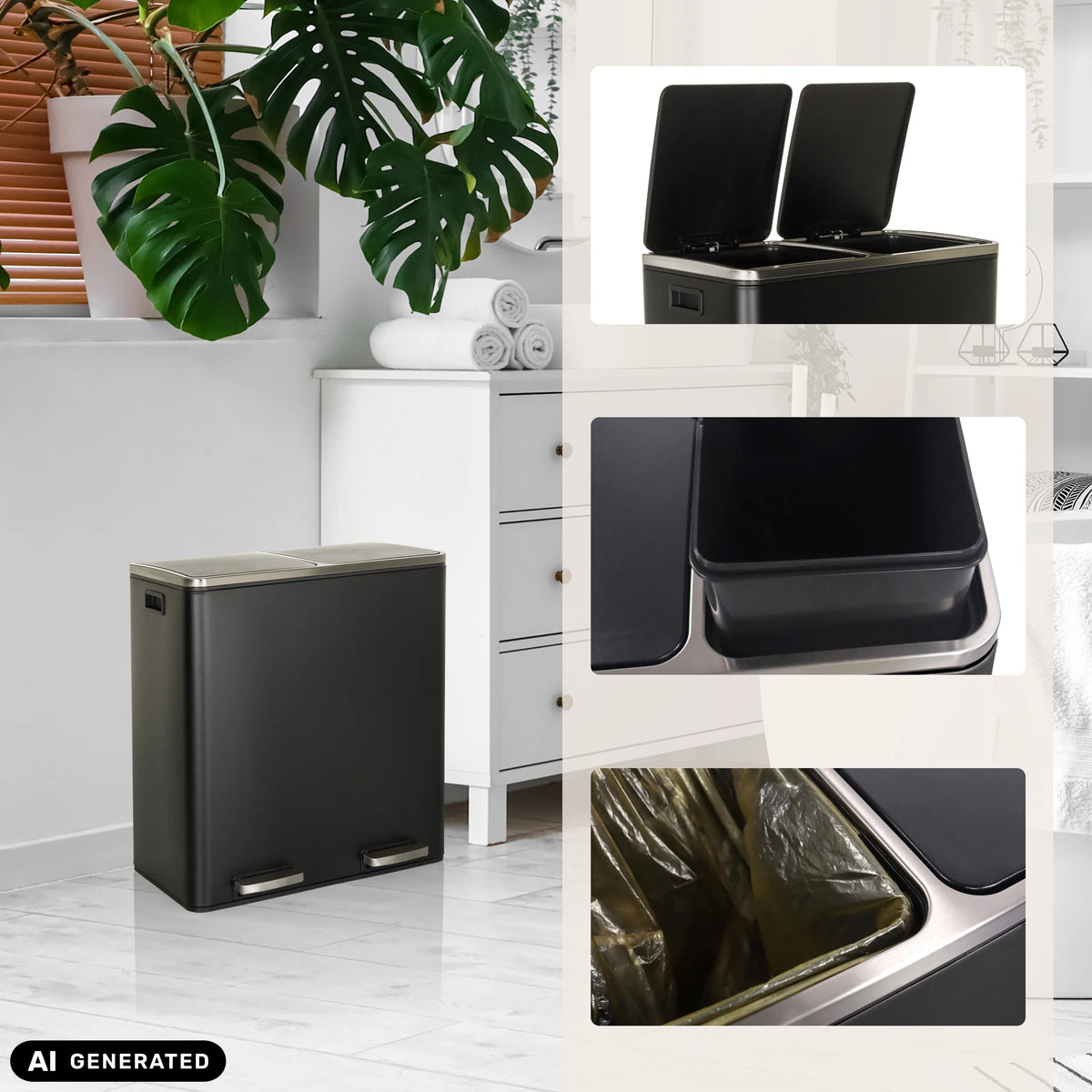Papelera doble CLEAN XI en negro con dos contenedores de separación y pedal de hjh OFFICE (imagen generada por IA)