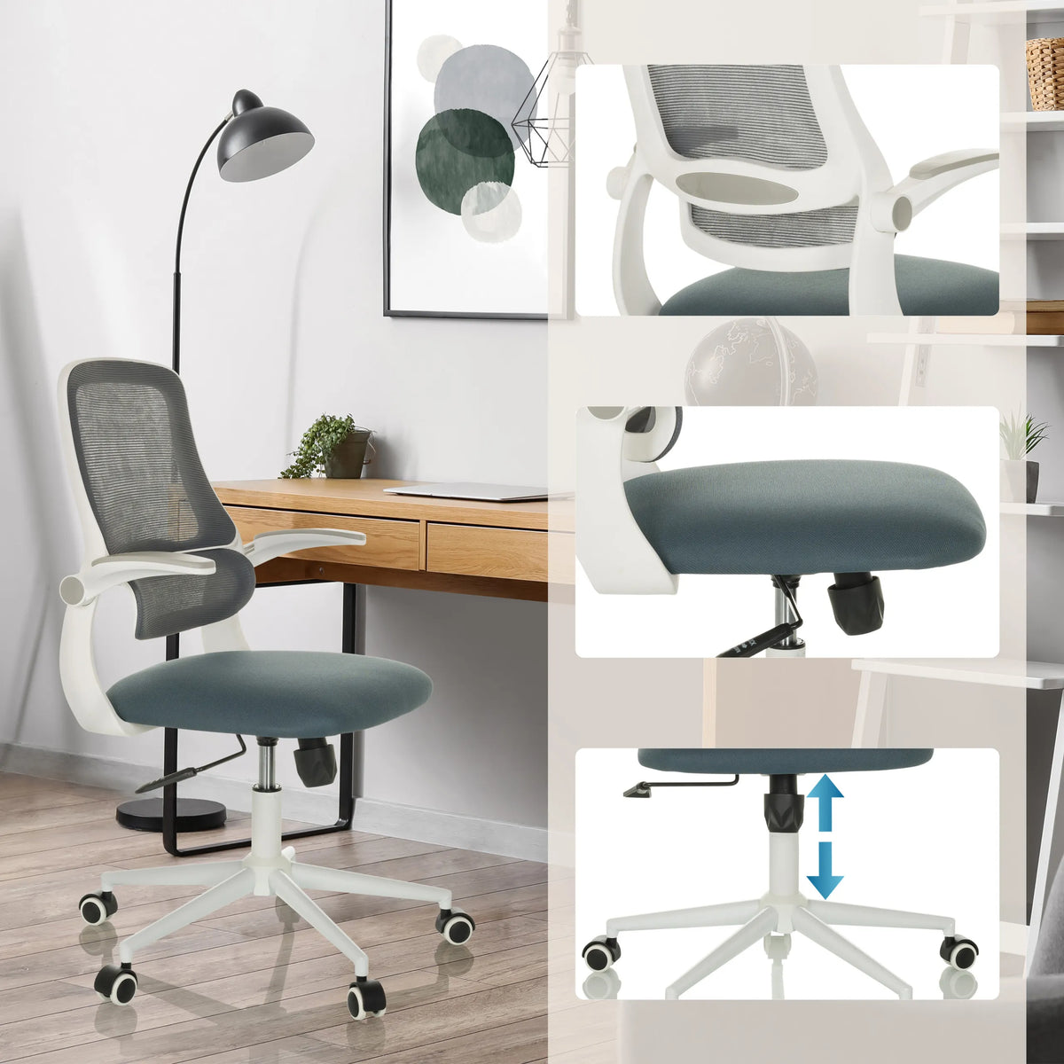 Silla Home Office MIKO W ECO en gris con respaldo de malla, altura del asiento ajustable y ruedas de hjh OFFICE