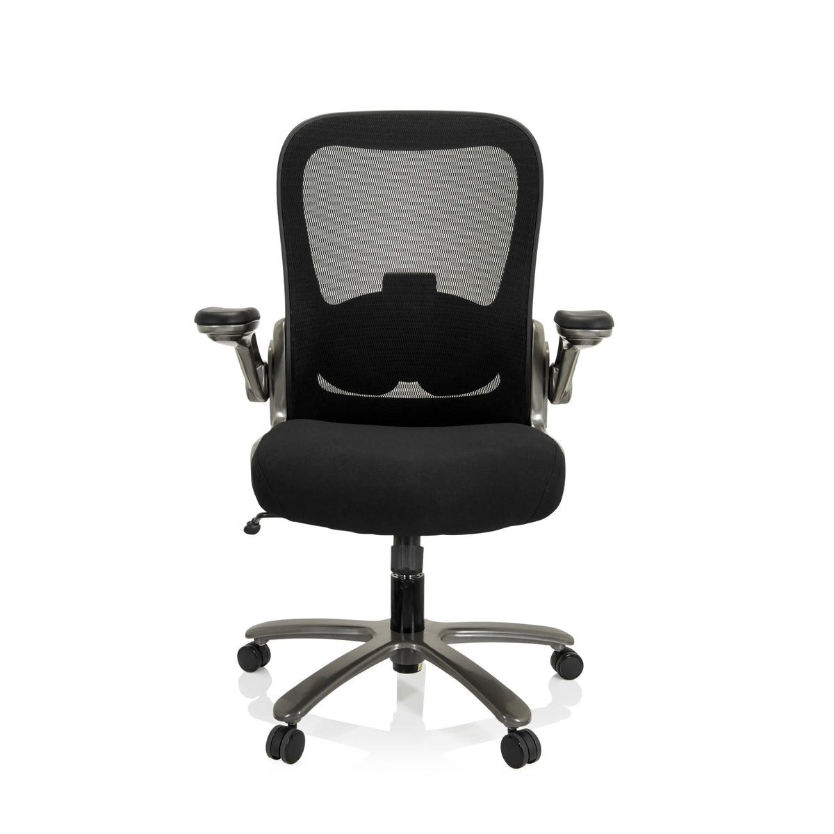 Silla giratoria XXL INSTRUCTOR T I negra con respaldo de malla, reposabrazos y base de cinco ruedas de hjh OFFICE – vista de 360° (vista frontal 0°)