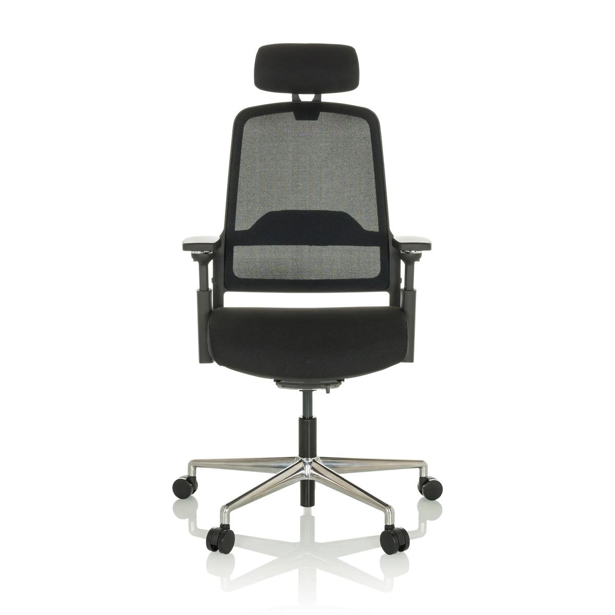Silla de oficina profesional TERARO AX negra con respaldo de malla, reposacabezas y base de cinco ruedas de hjh OFFICE – vista de 360° (vista frontal 0°)
