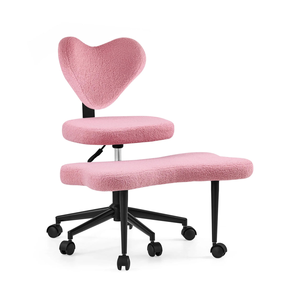 Silla de oficina Asanasit con tapizado de bouclé rosa, reposapiés integrado y base de ruedas negra de hjh LIVING