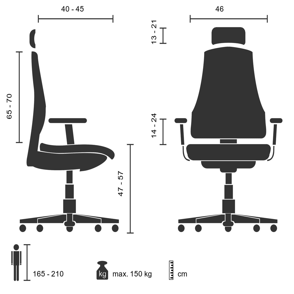 Dibujo técnico de la Silla de oficina profesional PRO-TEC 400 con una capacidad de carga máxima de 150 kg de hjh OFFICE
