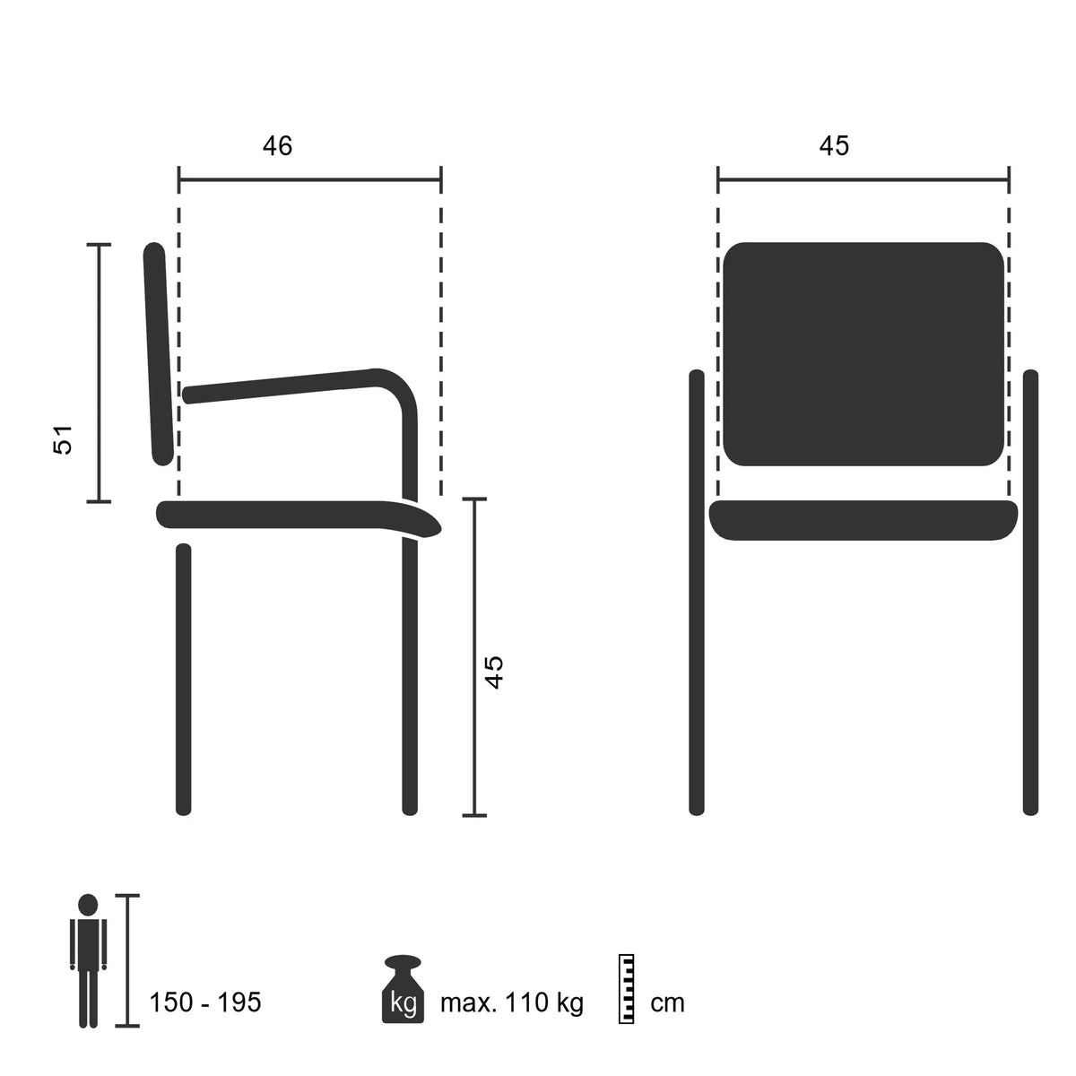 Dibujo técnico de la silla de confidente STEEL V con una altura del asiento de 45 cm de hjh OFFICE