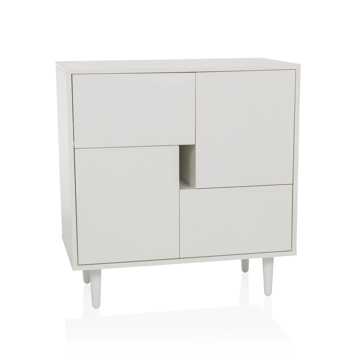 Cómoda blanca LYKKJA con división frontal asimétrica y cuatro patas de hjh LIVING – vista de 360° (vista frontal 15°)