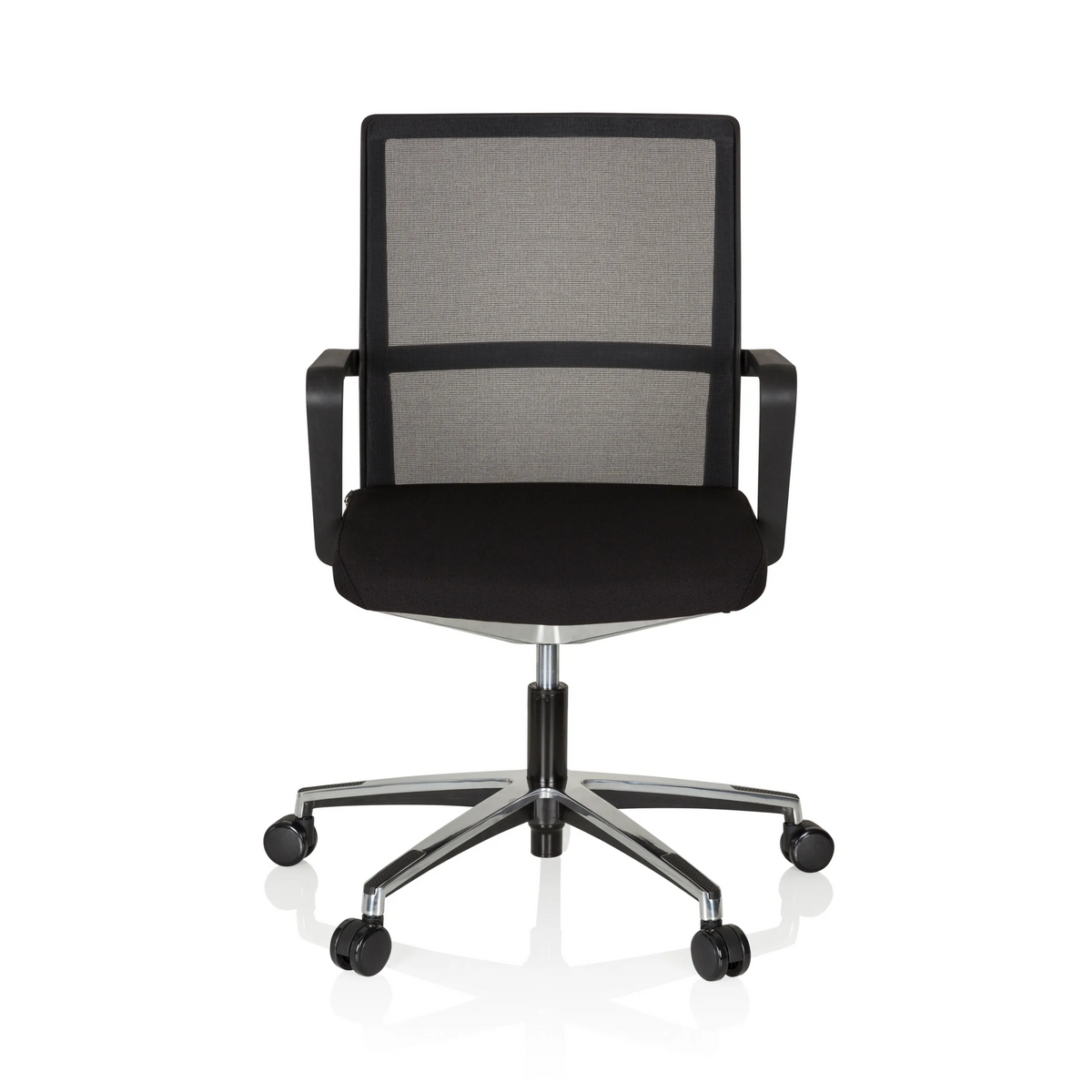 Silla de oficina profesional MOVE-TEC NET 3D negra con respaldo de malla y base de cinco ruedas de hjh OFFICE – vista de 360° (vista frontal 0°)