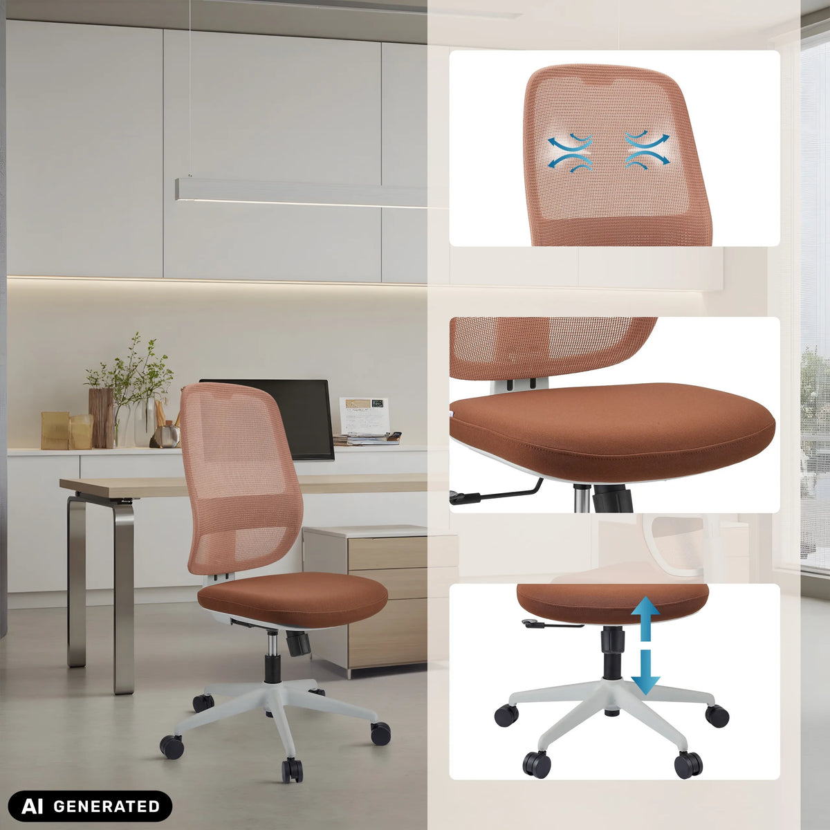Silla de oficina profesional Minoro W en blanco-marrón con detalles del respaldo y la altura del asiento de hjh OFFICE (imagen generada por IA)