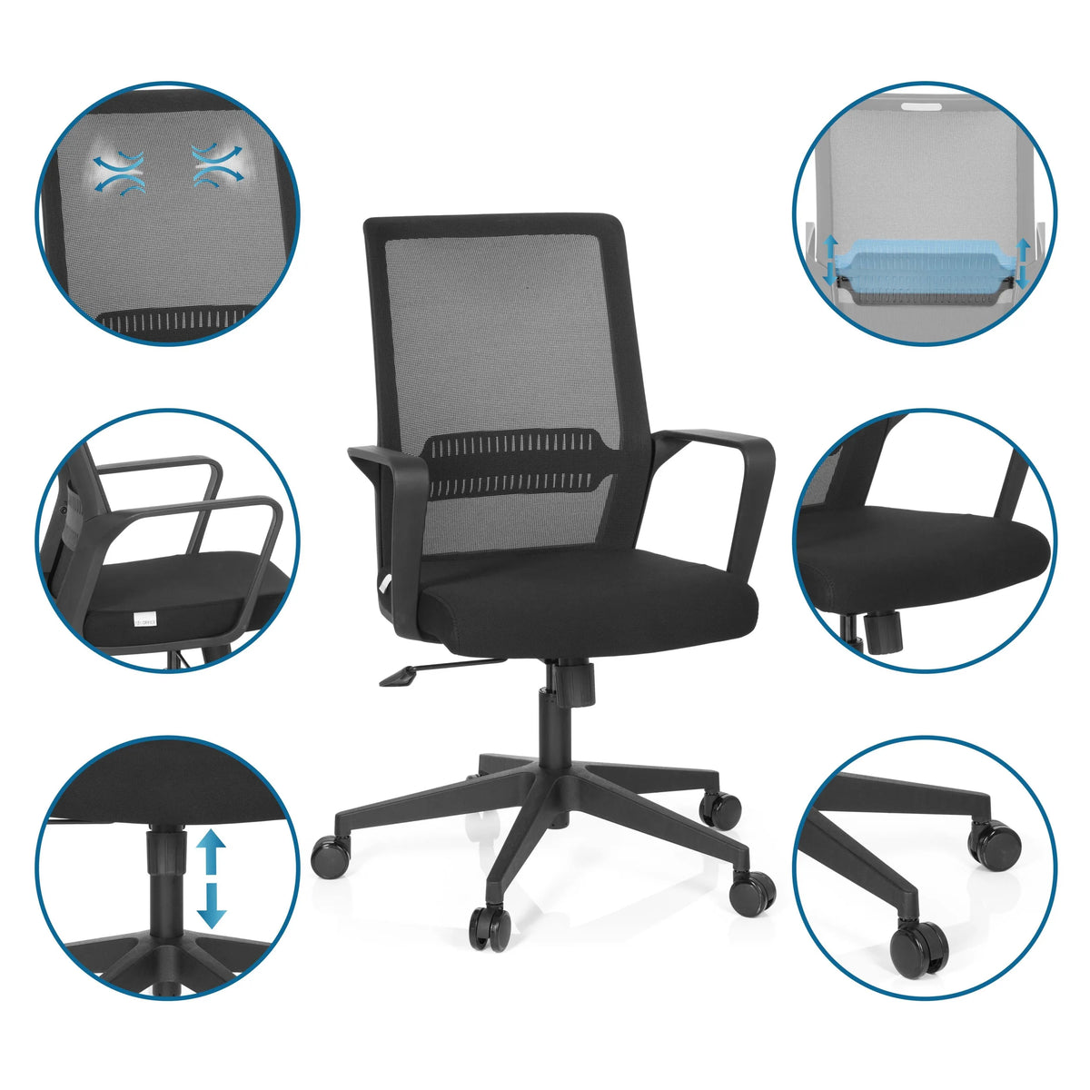 Silla Home Office PRESTON en negro con varias vistas detalladas de las funciones y componentes de hjh OFFICE