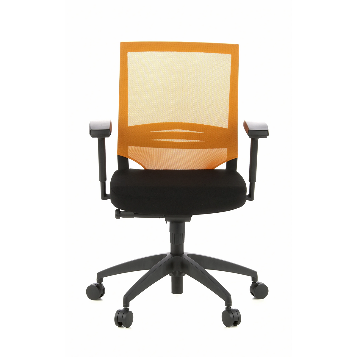Silla de oficina profesional PORTO BASE en negro y naranja con respaldo de malla y base de cinco ruedas de hjh OFFICE – vista de 360° (vista frontal 0°)
