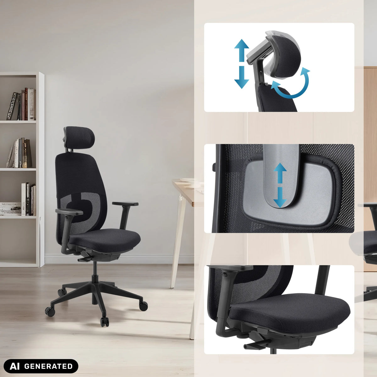 Reposacabezas y soporte lumbar ajustables de la silla de oficina profesional Skandis Pro de hjh OFFICE (imagen generada por IA)