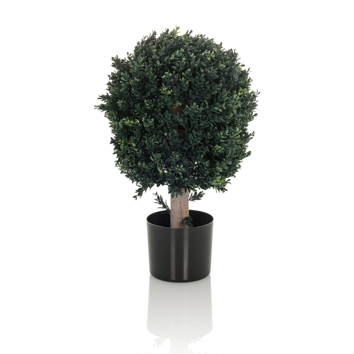 Planta artificial verde BUXUS en forma de árbol esférico con maceta negra de hjh OFFICE – vista de 360° (vista lateral 90°)